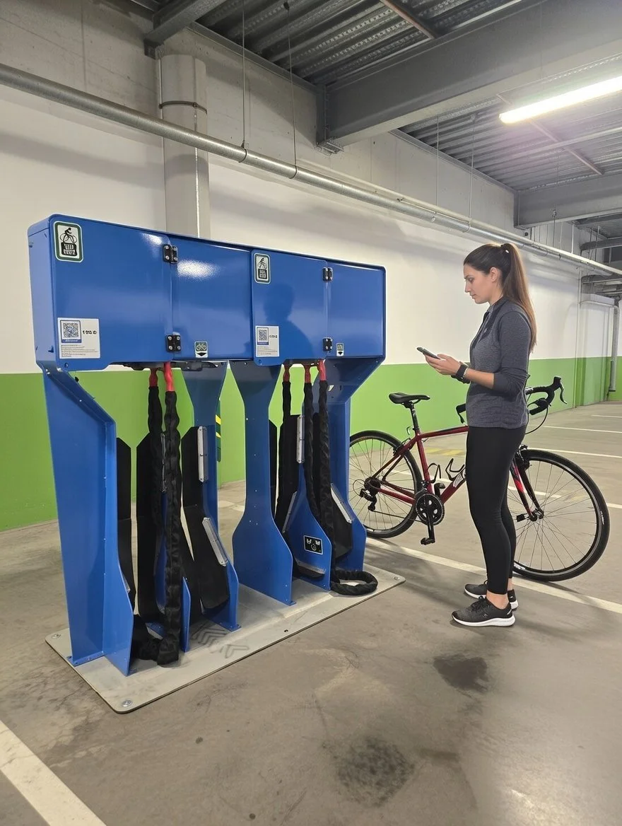 A woman standing next to a bicycle in an indoor bike sharing station, using her phone.
