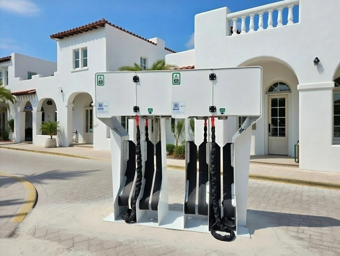 A white outdoor fitness station with multiple resistance bands, located on a paved street in front of white Mediterranean-style buildings with arched doorways and windows, and some palm trees.