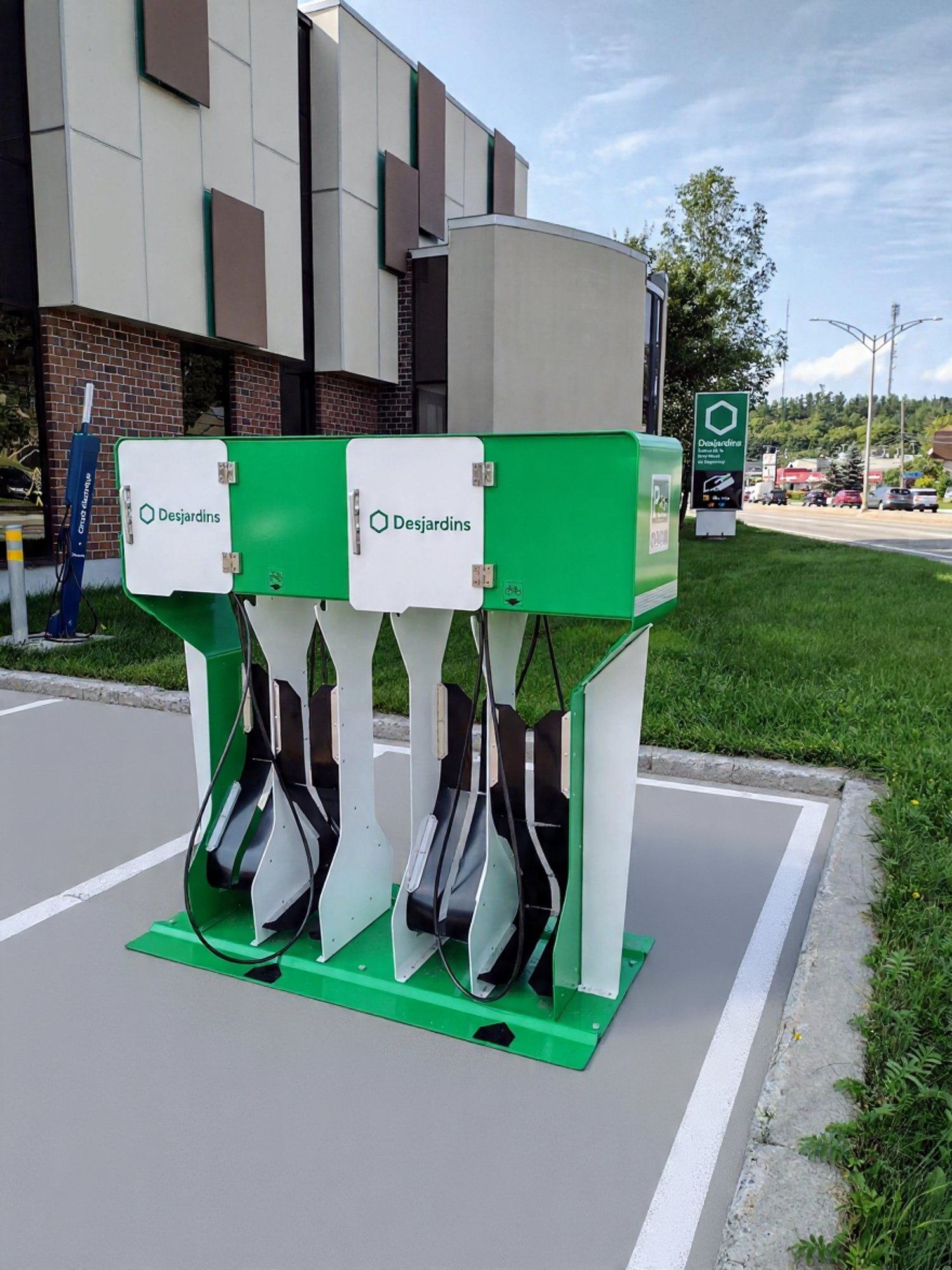 Electric vehicle charging station branded with Desjardins logo, situated in a parking lot near a modern building with green grass and a road in the background.