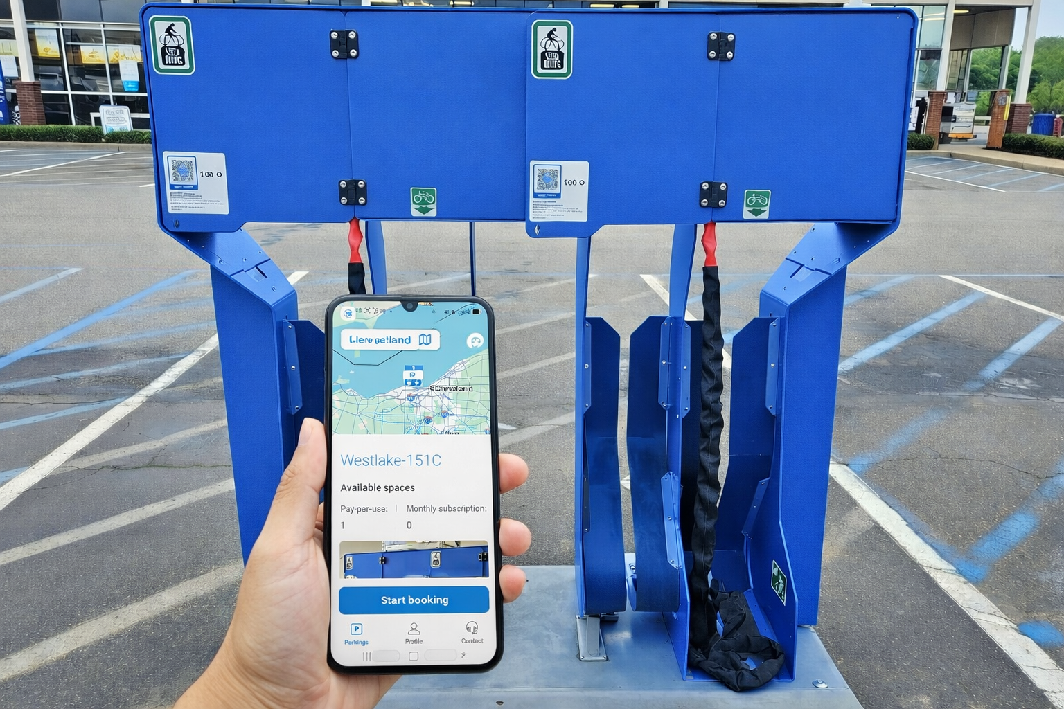 A person holding a smartphone showing a bike rental app in front of a blue bike rack at a parking lot.