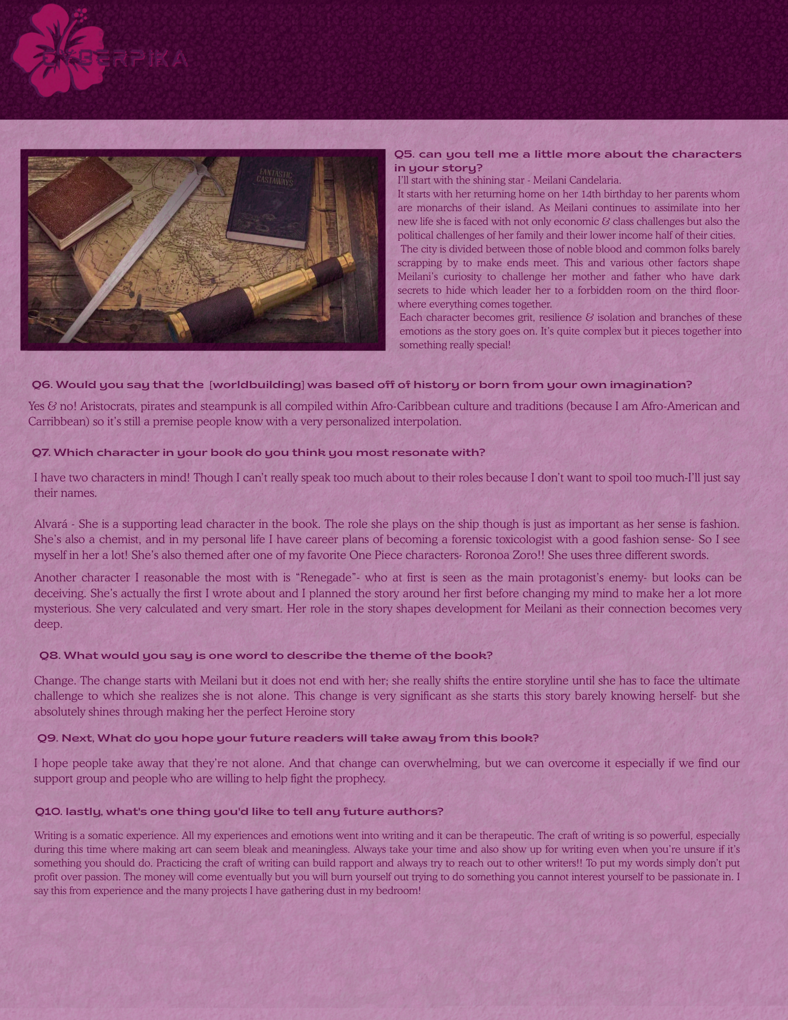 A website page featuring a pink background with a navigation bar, a photo of a vintage map, a map roll, a pen, and a black book titled 'Fantastic Castaways'. The page includes text with questions and answers about a story, characters, themes, and writing advice.