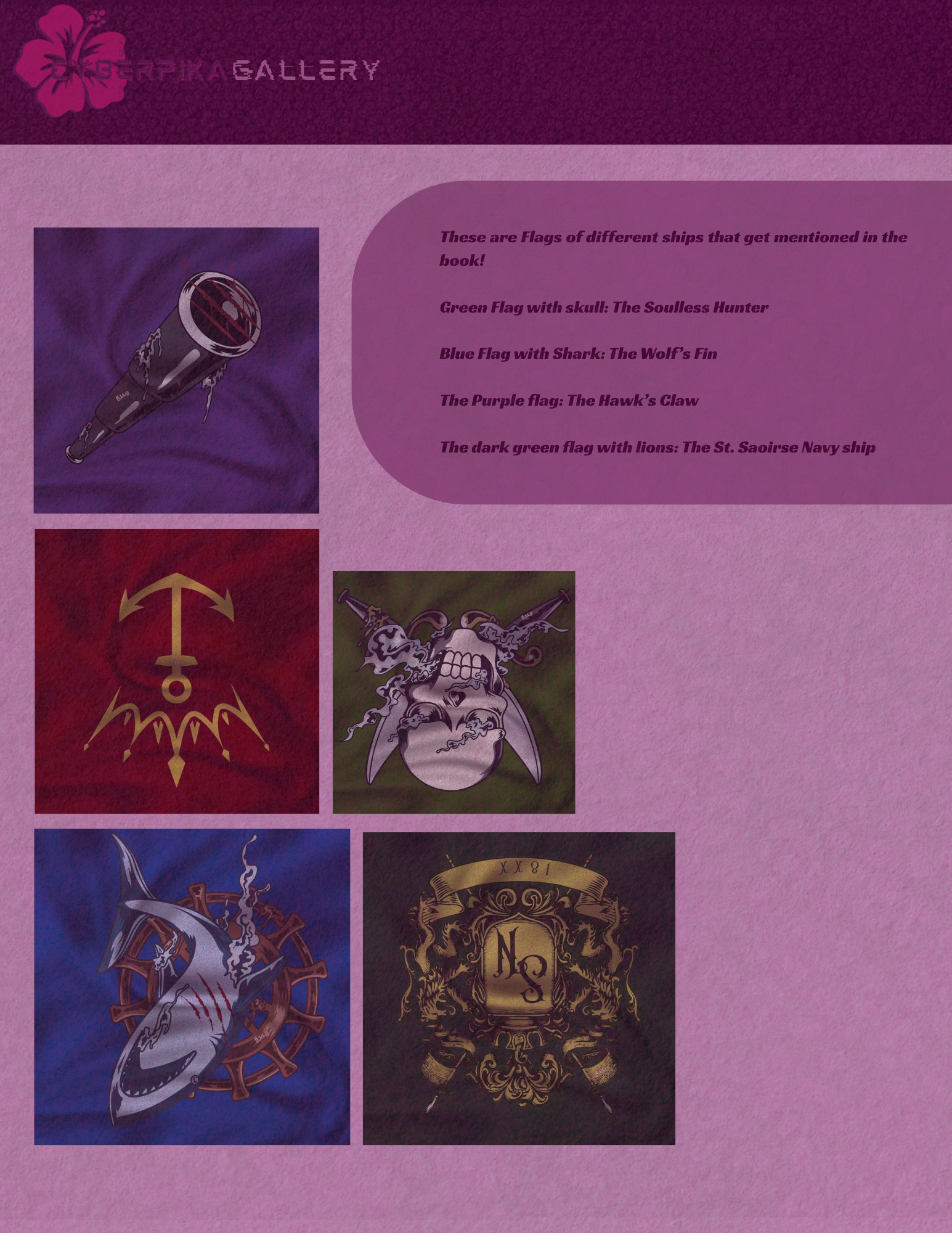A display of four fictional ship flags with descriptions, featuring a purple background, and an illustration of a missile or torpedo in the top left corner.