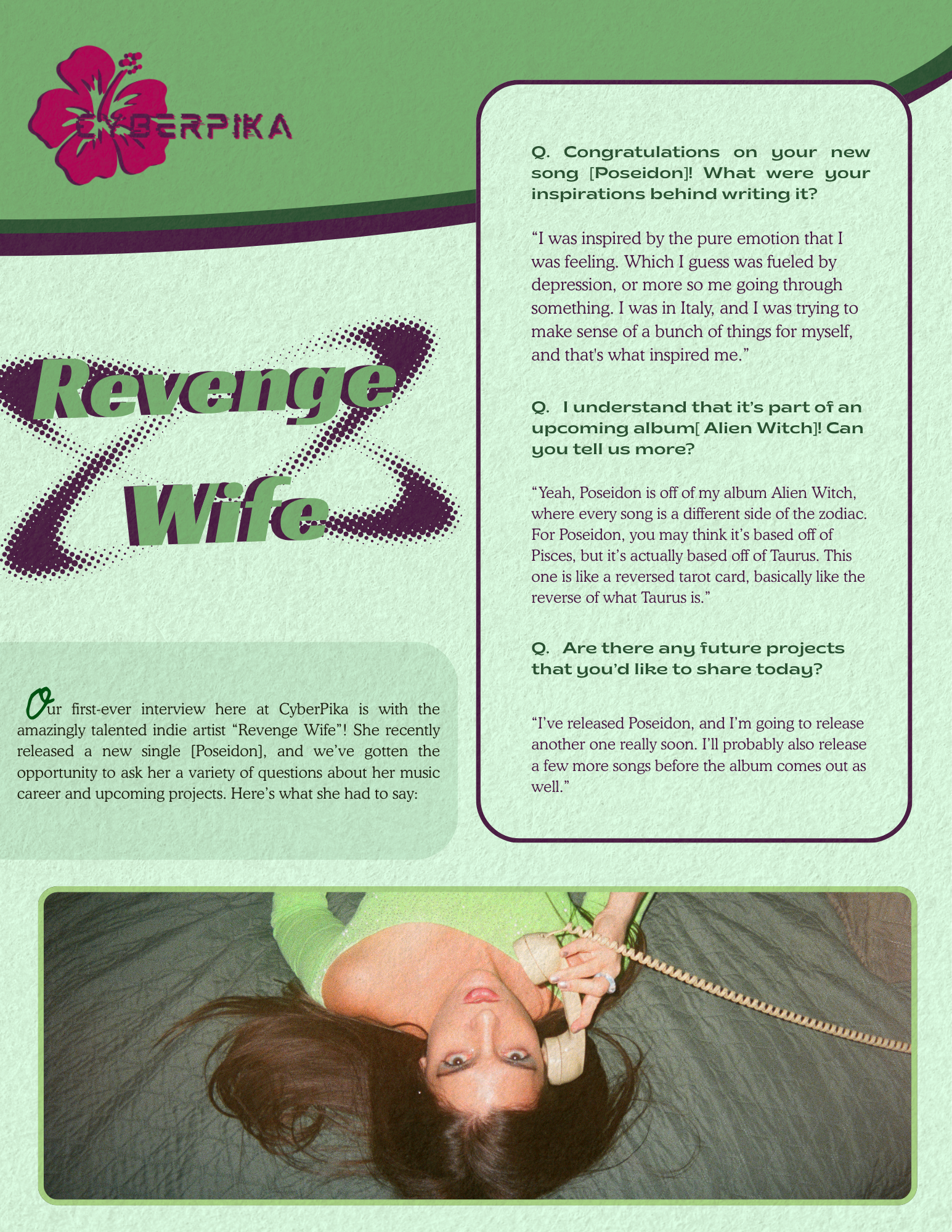 A woman lying on a dark green couch, talking on a beige rotary phone, with long dark hair and wearing a neon green top.