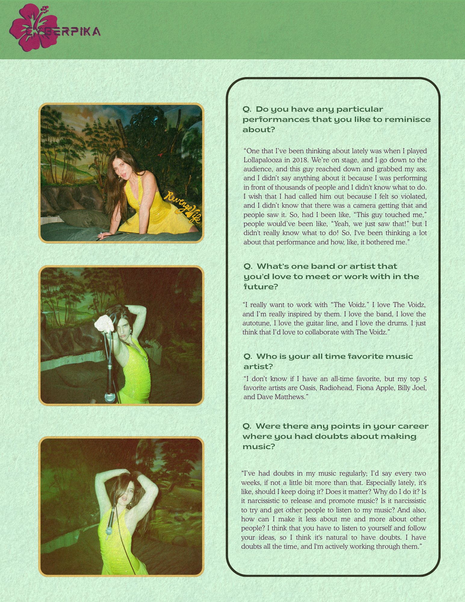 A magazine page featuring three photos of a woman in a yellow dress posing with a microphone, and an interview with her about music influences, performances, and doubts in her career.