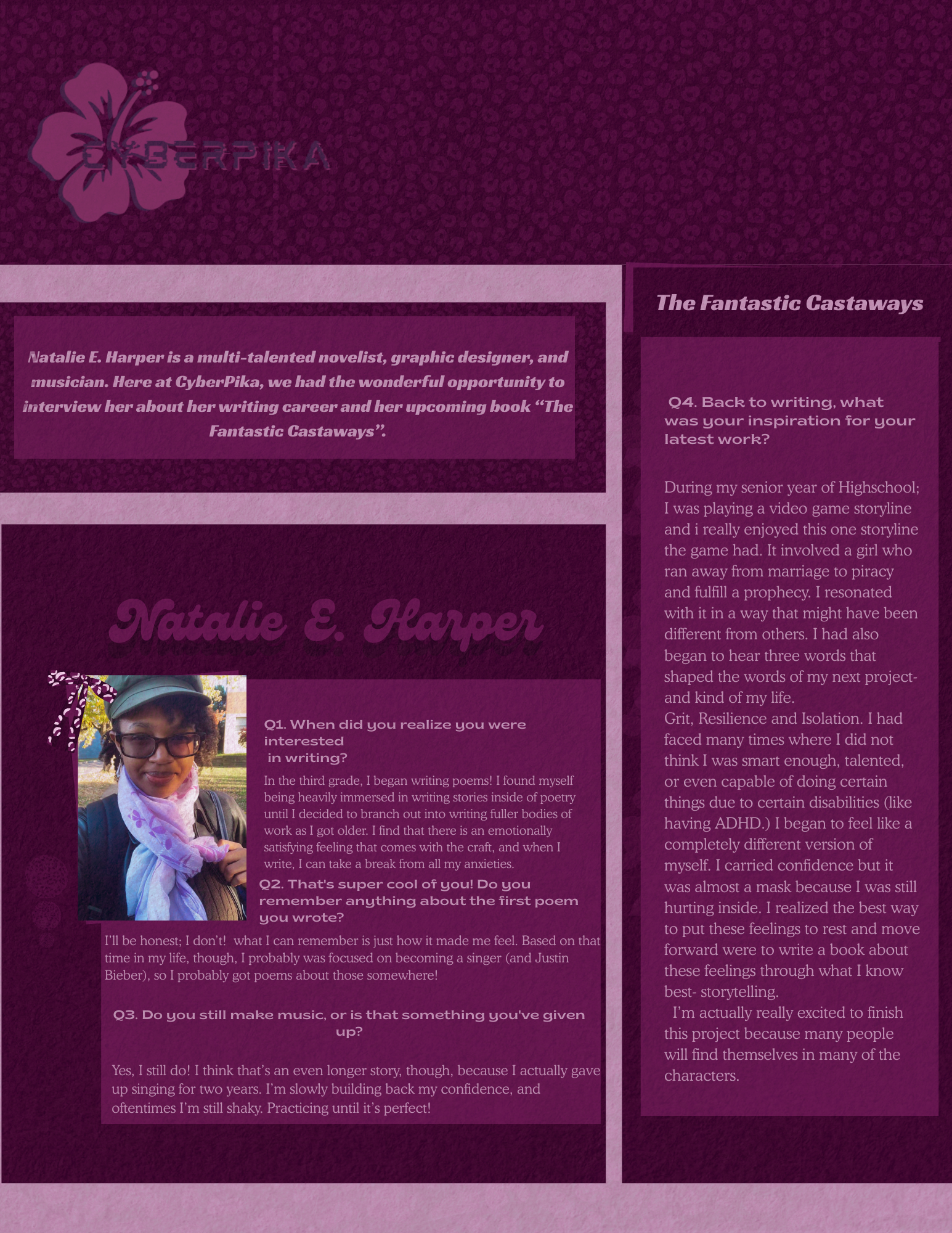 Profile page of Natalie E. Harper with a purple background, a flower logo in the top left corner, a biography, and interview questions and answers about her writing, music, and inspiration.