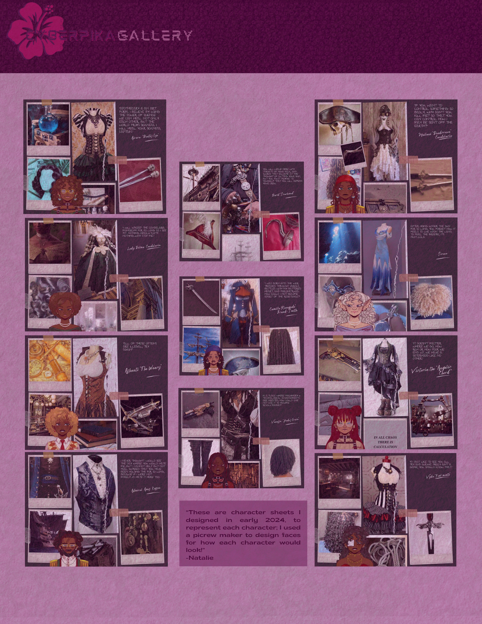 Character sheets with photos of costumes, props, and sketches for a creative project, on purple background, with handwritten notes and quotes.