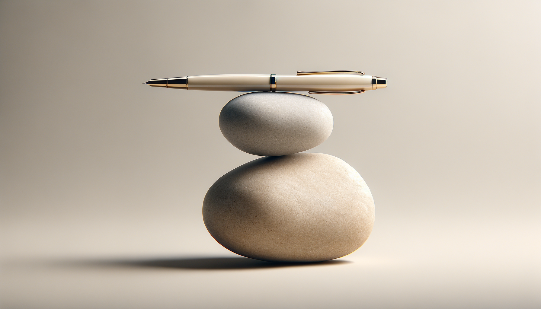 A white pen balanced on two smooth, rounded stones, with a neutral background.