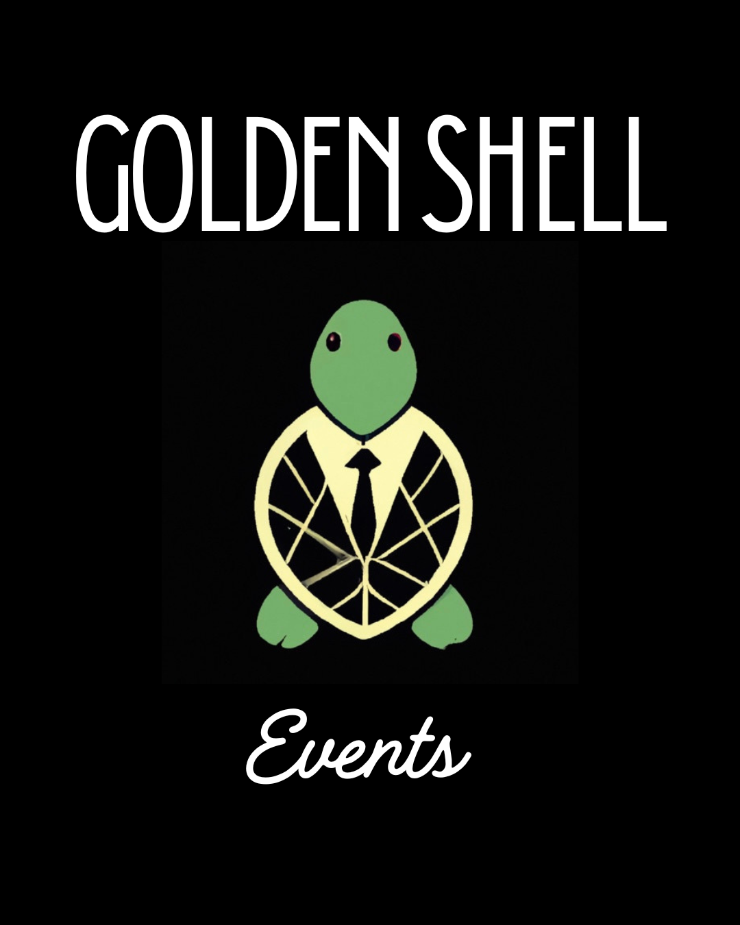 Golden Shell Events logo featuring a green turtle with a lemon wedge shell, wearing a tie, on a black background with white text.