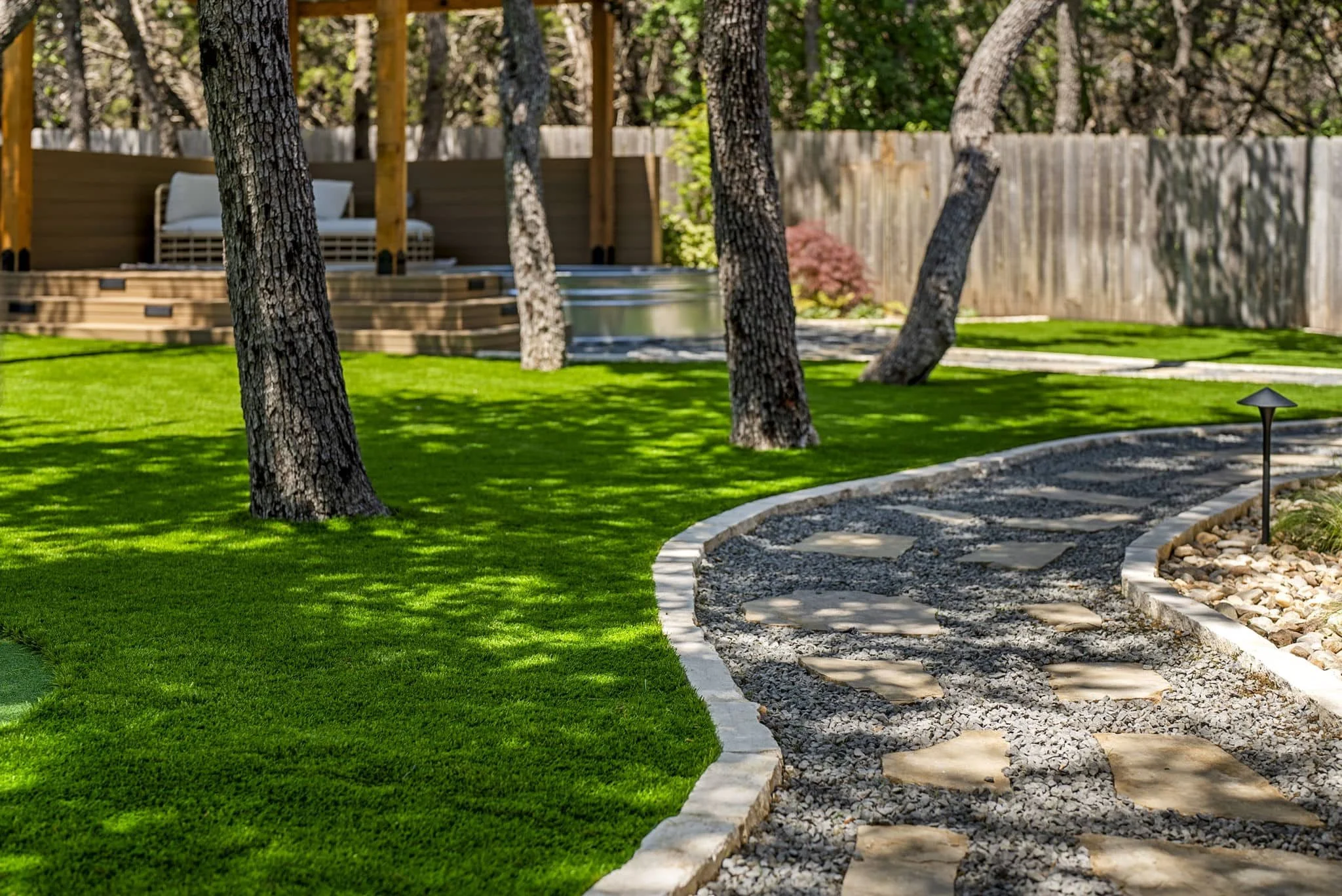 Backyard landscaping project with artificial grass, mature trees, and covered patio — Southern Love