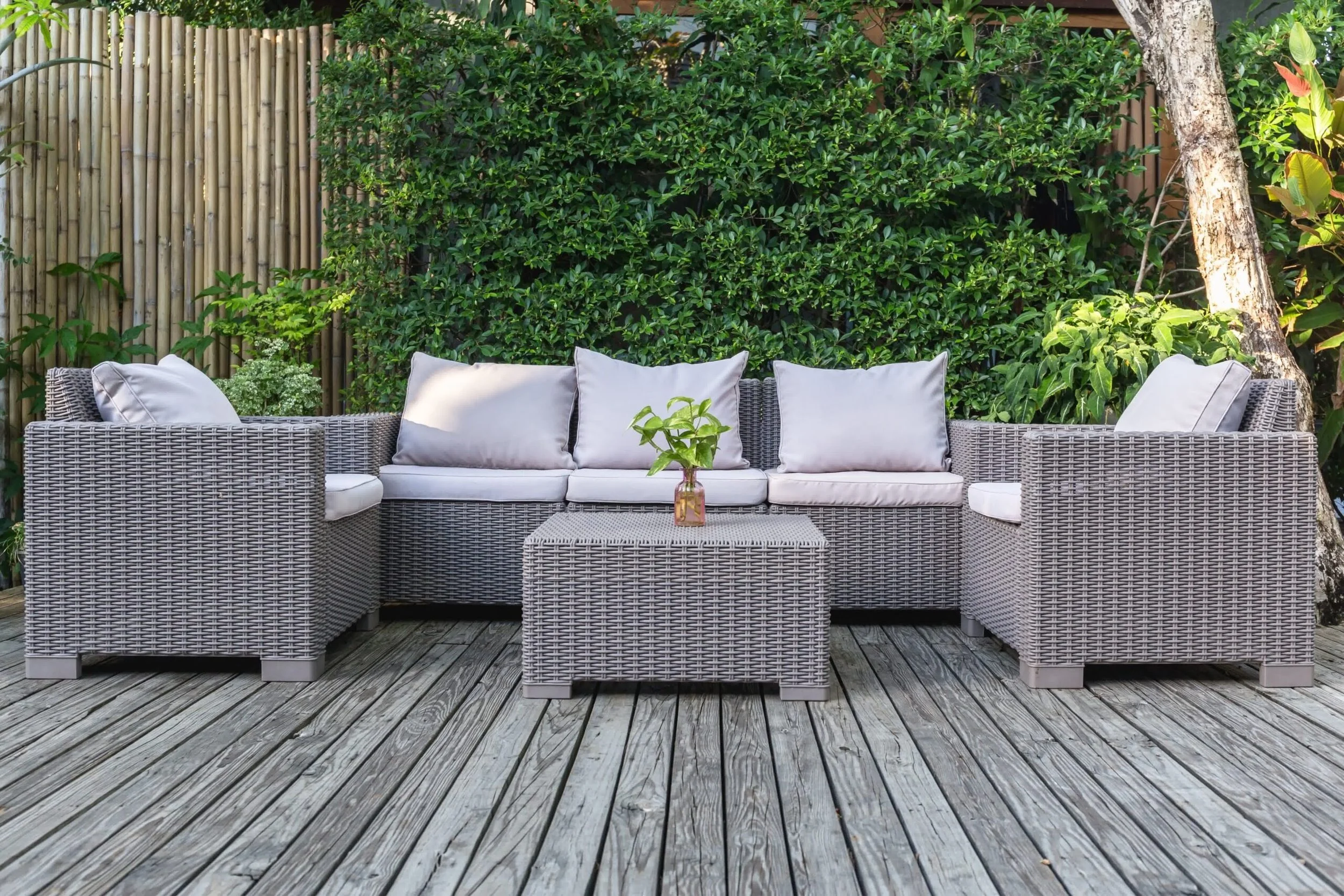 Gray wicker patio furniture set on a wooden deck, surrounded by lush greenery and bamboo fencing for backyard relaxation.