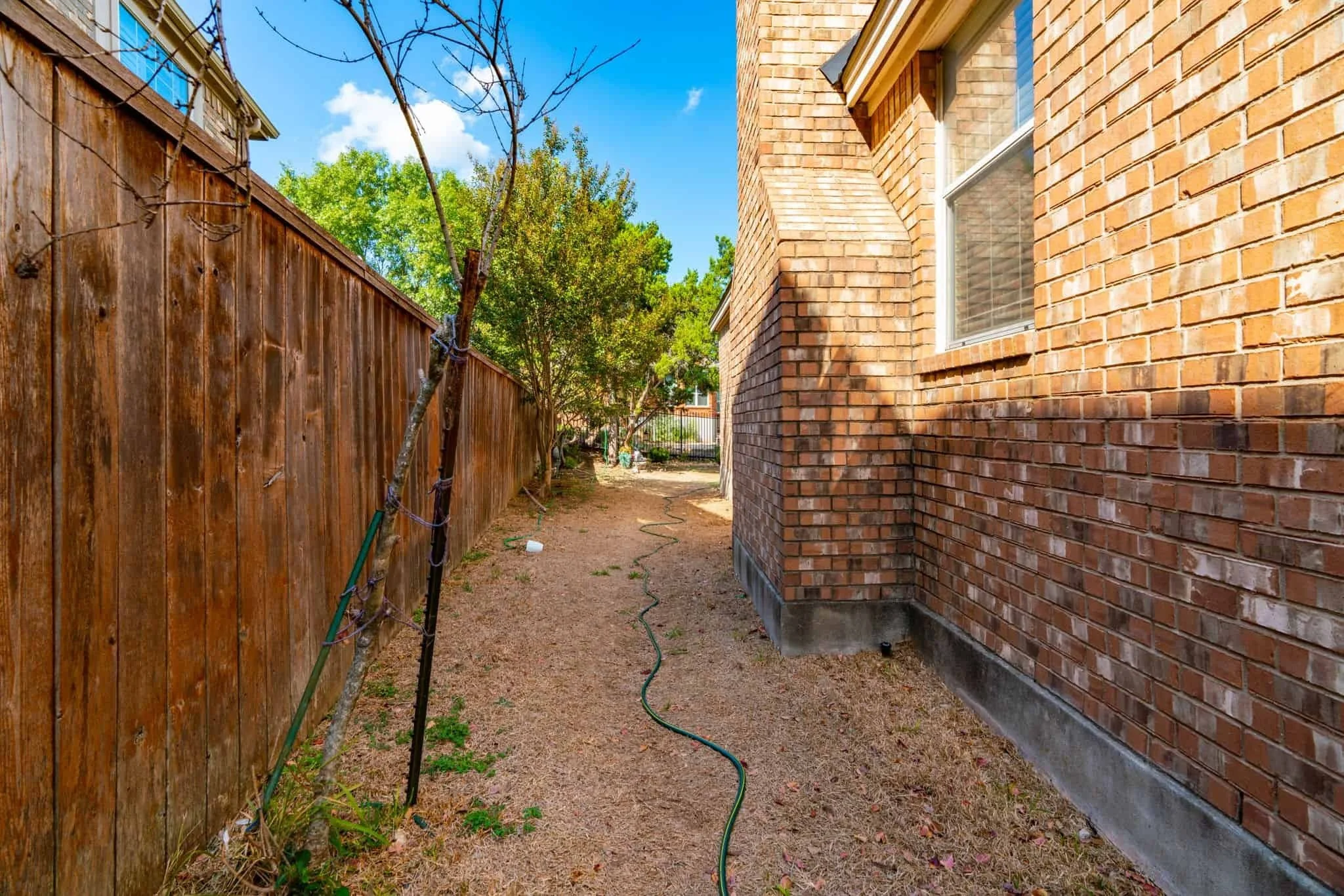 Narrow side yard with dry grass, a garden hose, and a wooden fence beside a brick home, partially shaded by trees.