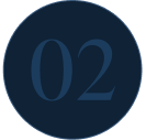 A dark blue circular background with the number 02 in a lighter blue font.