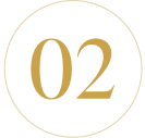 A black circle with a gold border and the number '02' in gold inside.