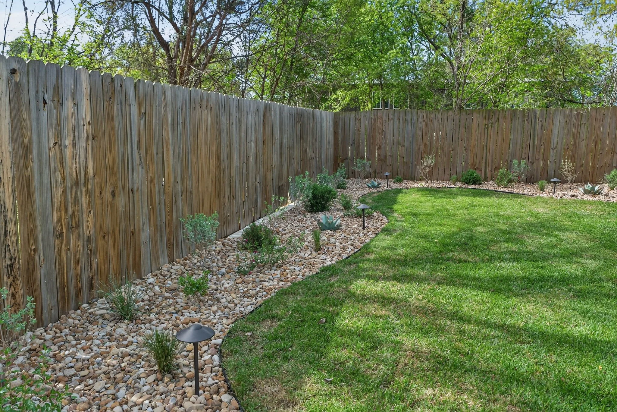Curved river rock drainage bed with agave, native plantings, and path lighting along a cedar fence
