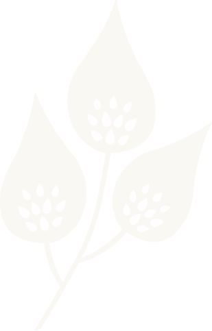 Gold-colored stylized illustration of three leaves or petals with central black seed patterns on a black background.