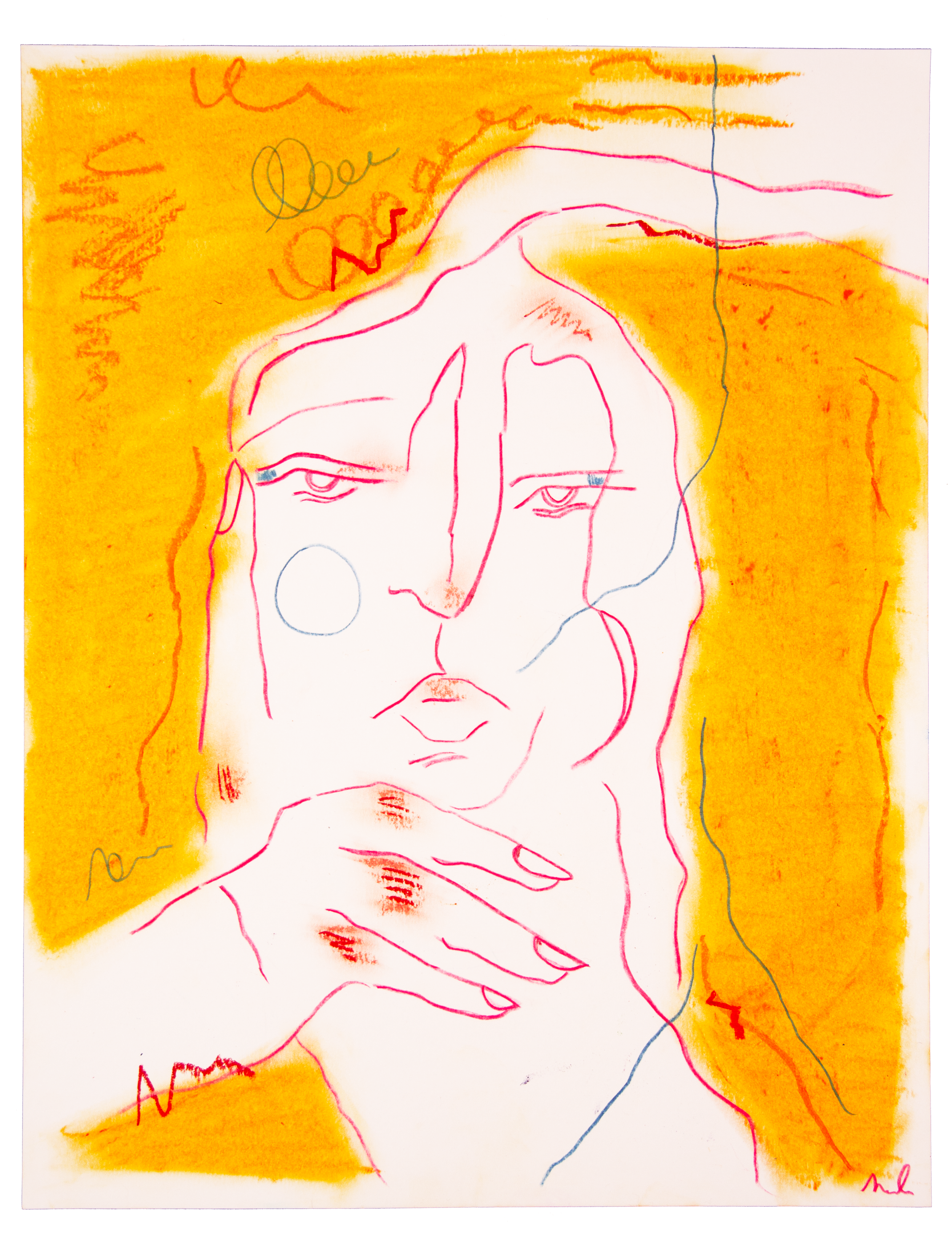 Line drawing of a woman's face with closed eyes, with yellow and orange watercolor background and abstract lines.