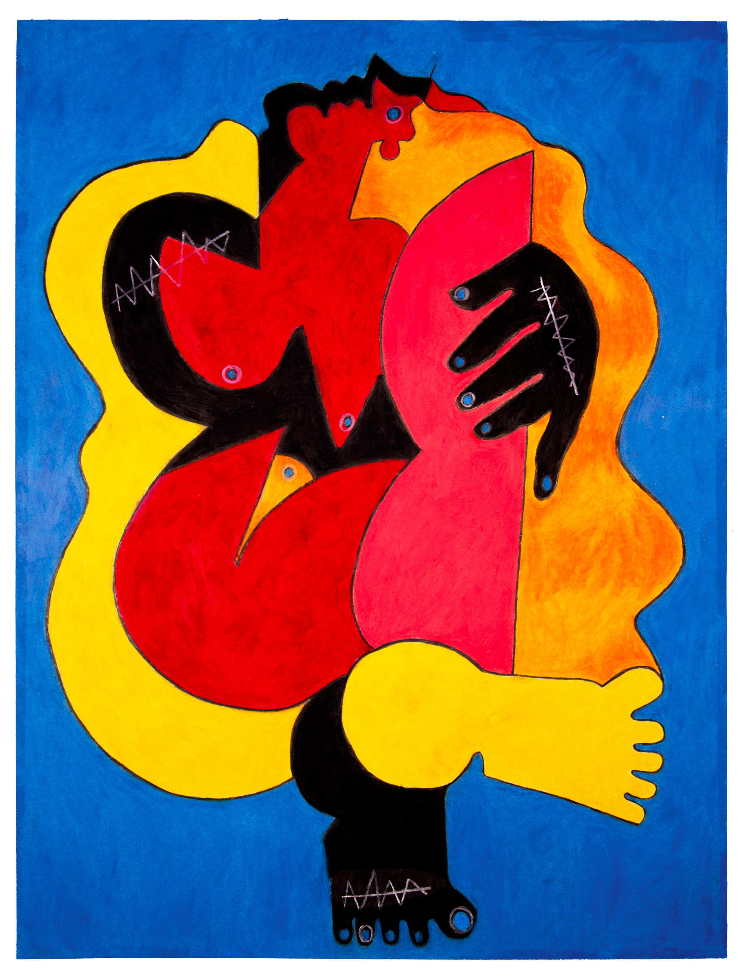 An abstract painting of two intertwined human figures with bold colors, shapes, and lines, resembling Cubist art style. The figures are yellow, red, black, and orange, set against a blue background.