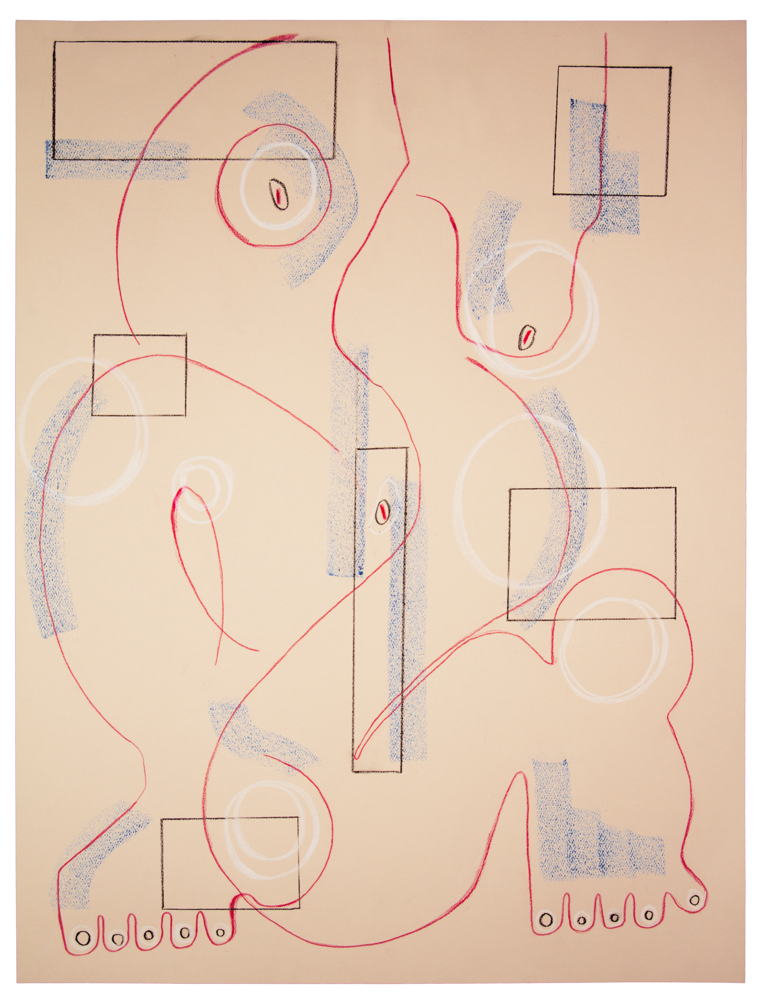 Abstract drawing featuring interconnected red lines, black squares, blue shaded areas, and circle patterns on a beige background.