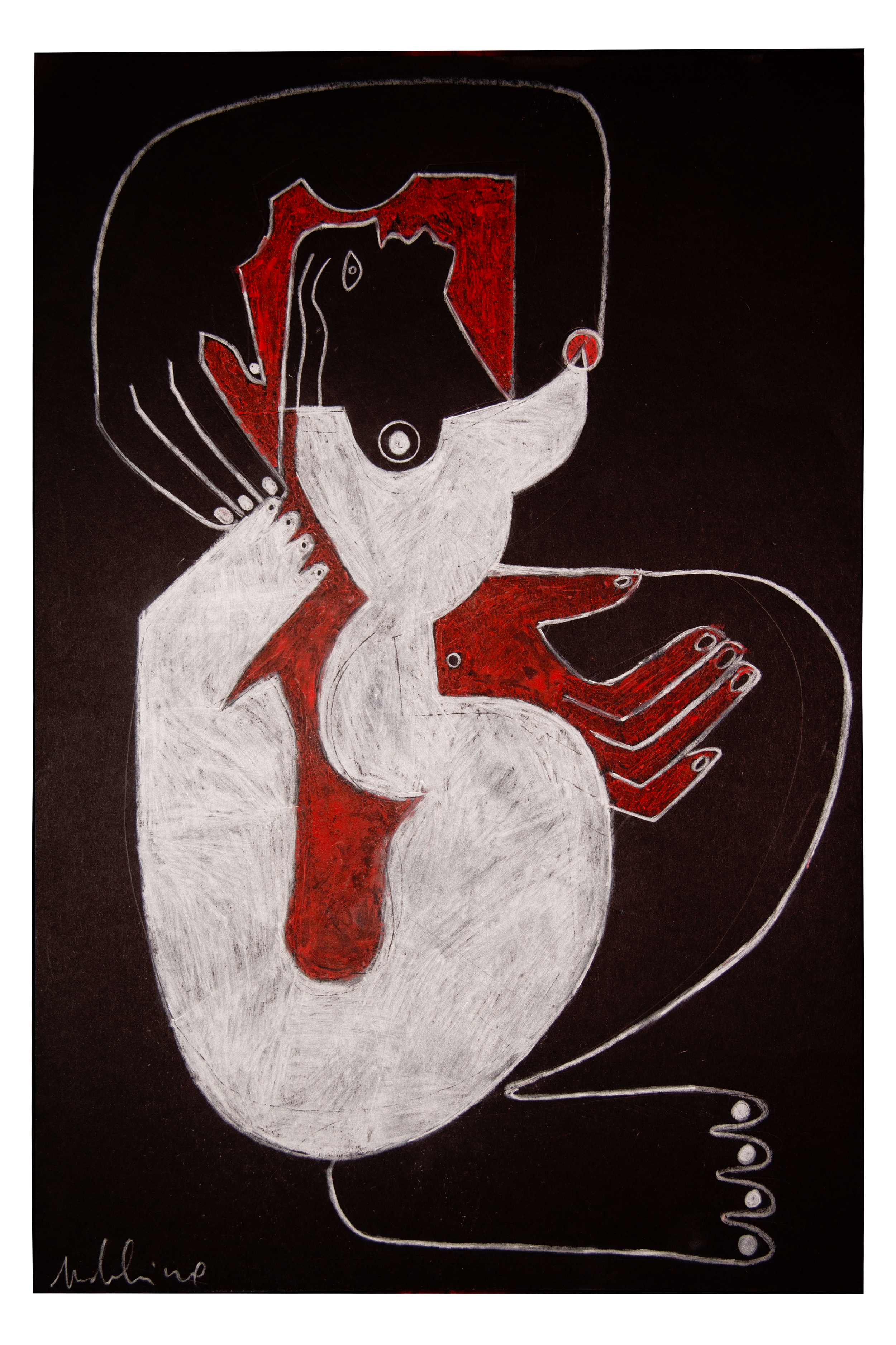 An abstract artwork featuring a stylized human figure with a large head, black face, and red and white body, set against a black background with partly red and white accents.