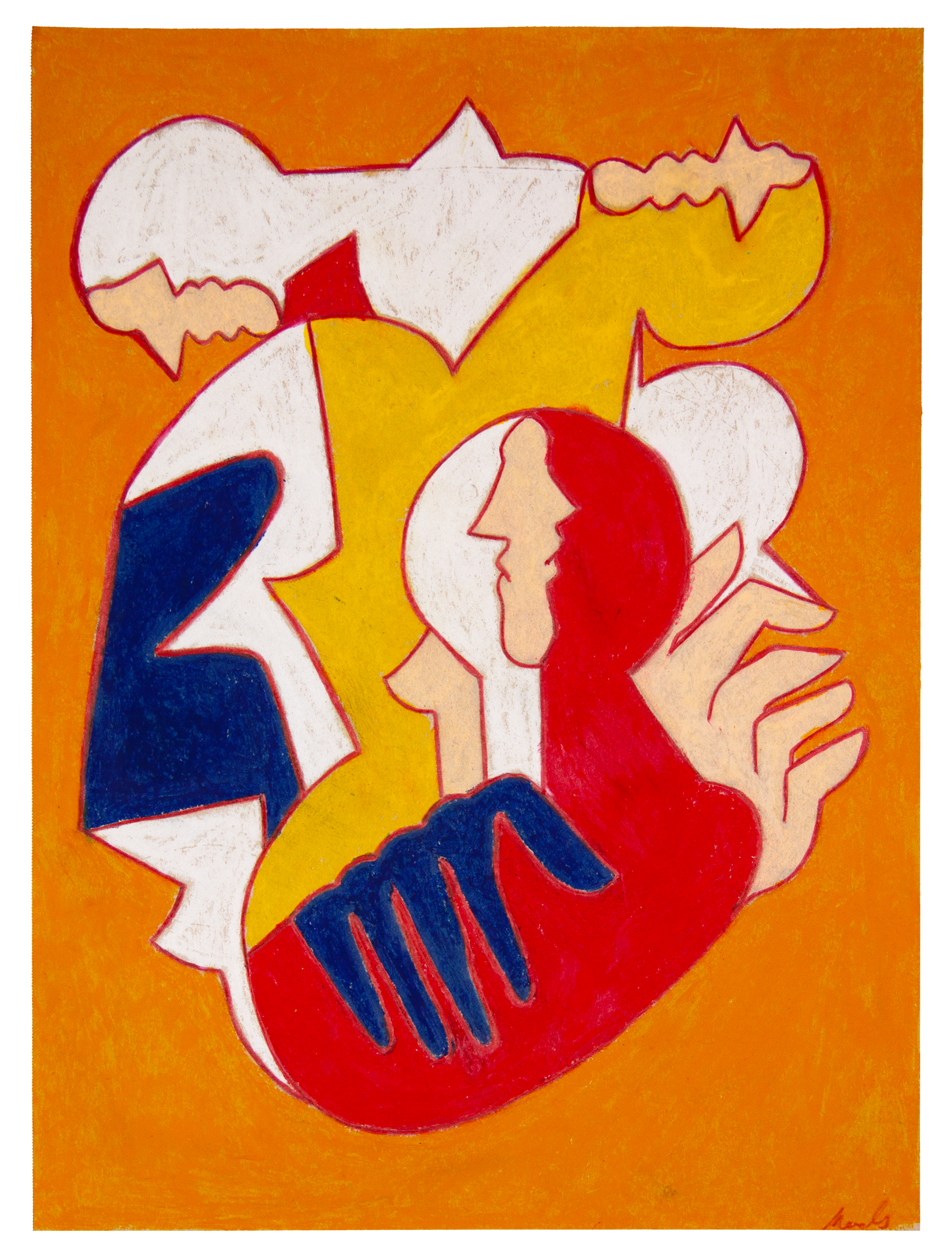 An abstract artwork featuring a stylized human face with a profile view, surrounded by speech bubbles, a hand, and elements in vibrant red, yellow, white, and blue colors.