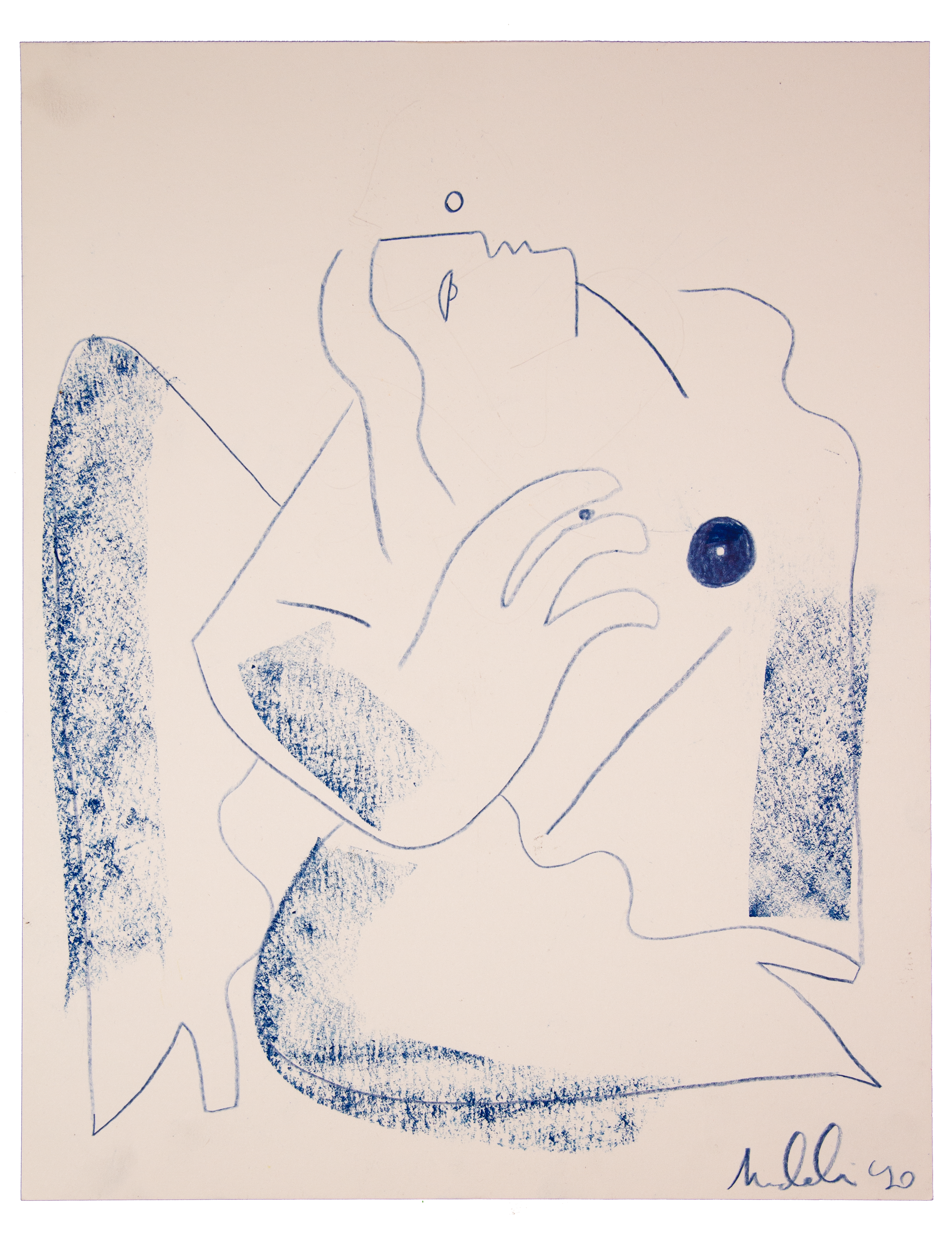 Line drawing of a woman sitting with her chin resting on her hand, featuring abstract features and textured shading, signed and dated '20'.