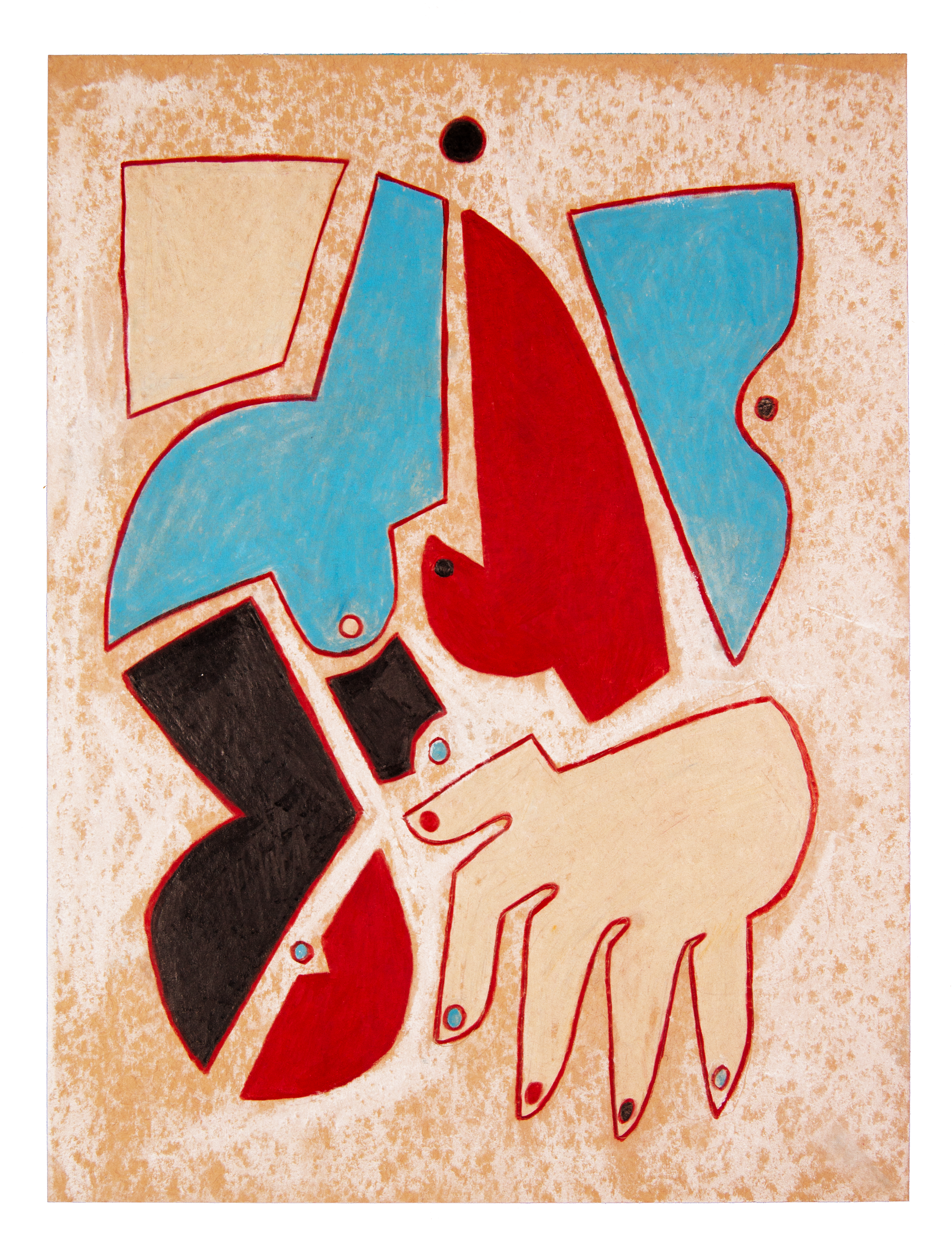 Abstract painting featuring bold shapes in blue, red, black, and beige on a textured beige background.