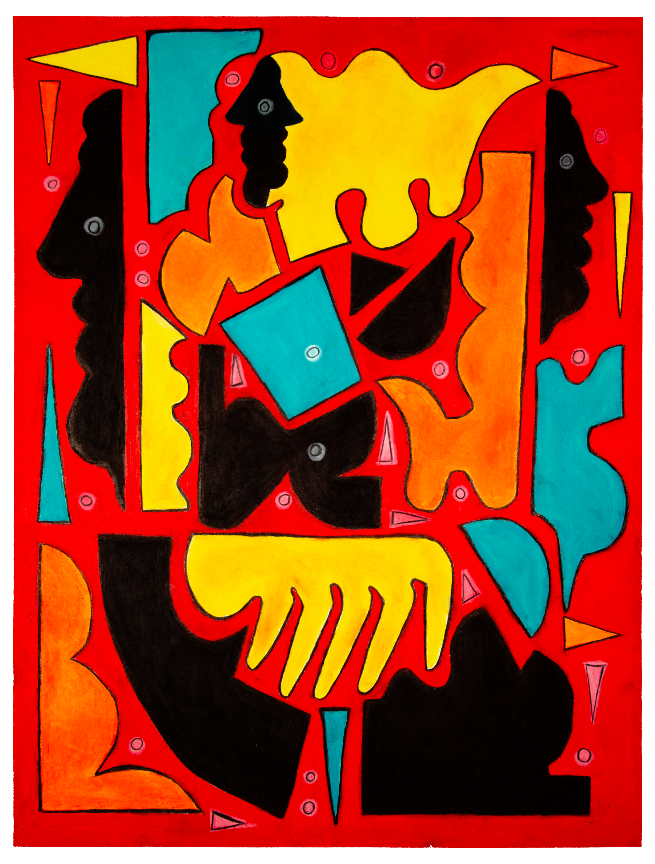 Abstract colorful painting with black silhouettes of faces and colorful geometric shapes on a red background.