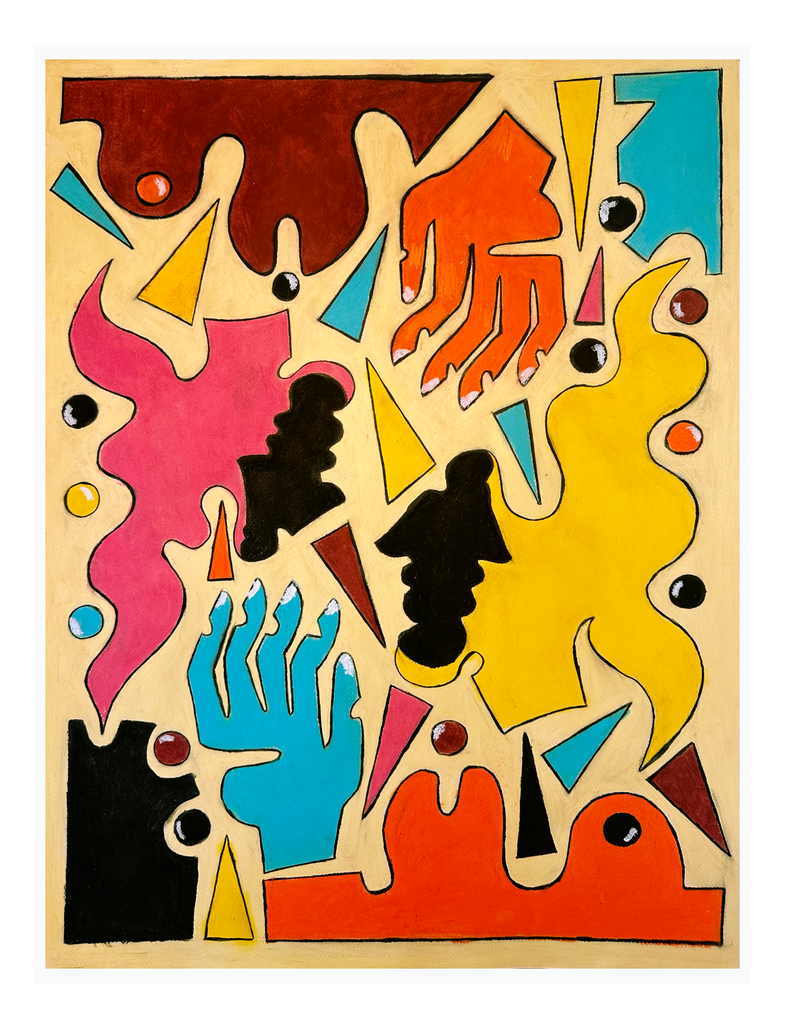 Abstract artwork featuring colorful hands, shapes, and dots in pink, blue, yellow, orange, black, and red on a beige background.