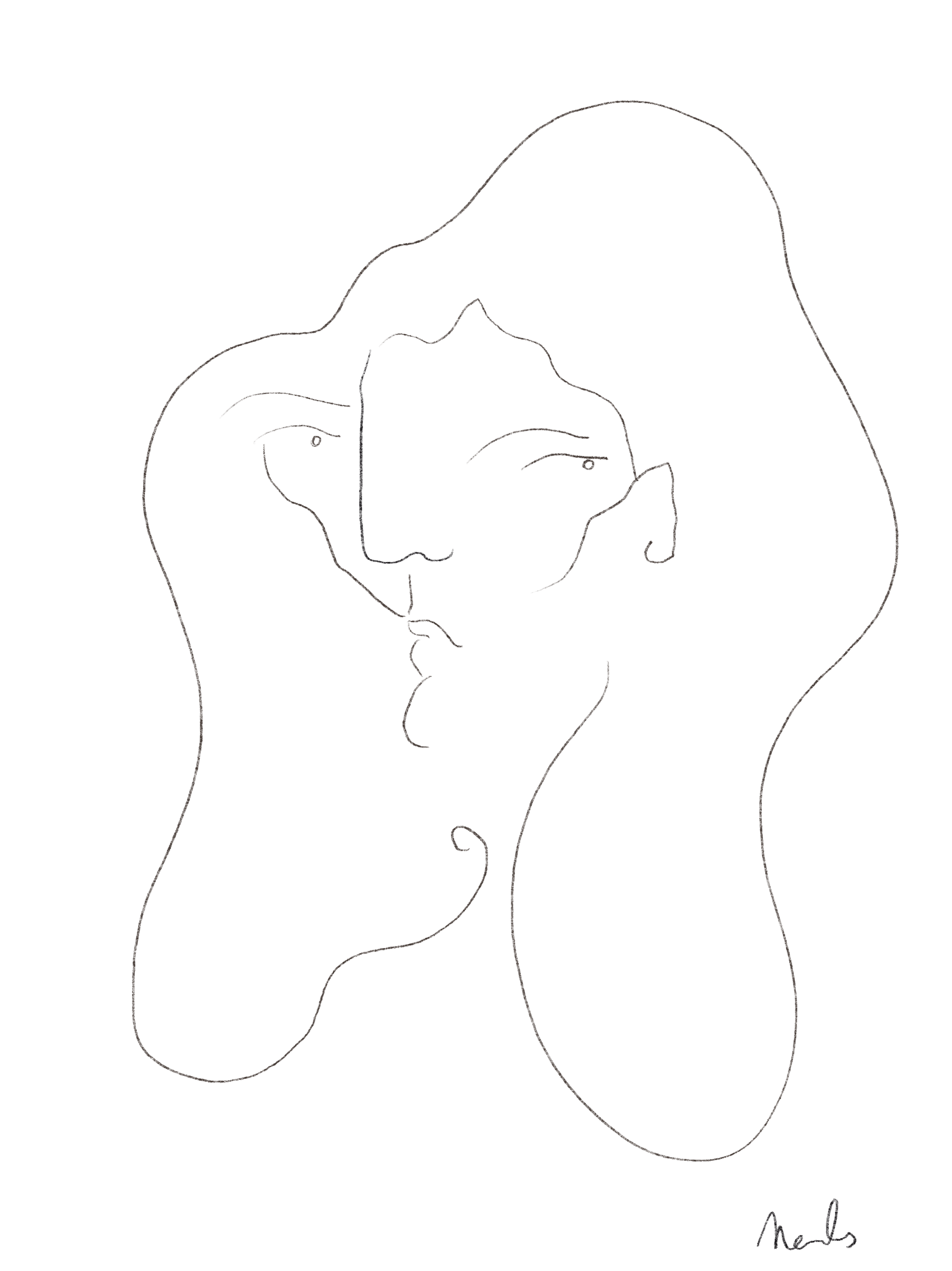 A minimalist line drawing of a horse with a human face, signed by the artist 'Nedb'.