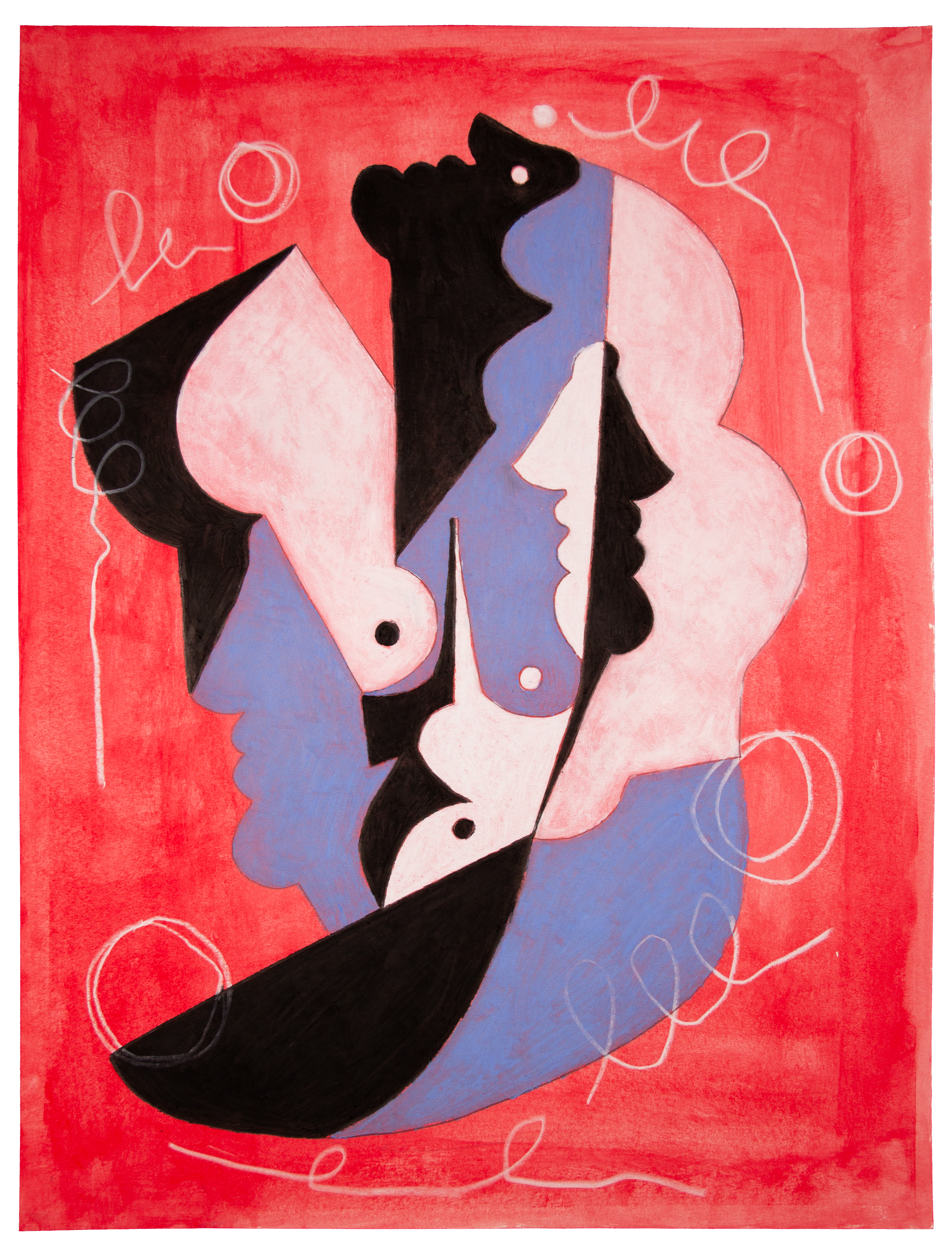 Abstract painting of intertwined human profiles and body parts in black, pink, and blue against a red background with white cursive scribbles.