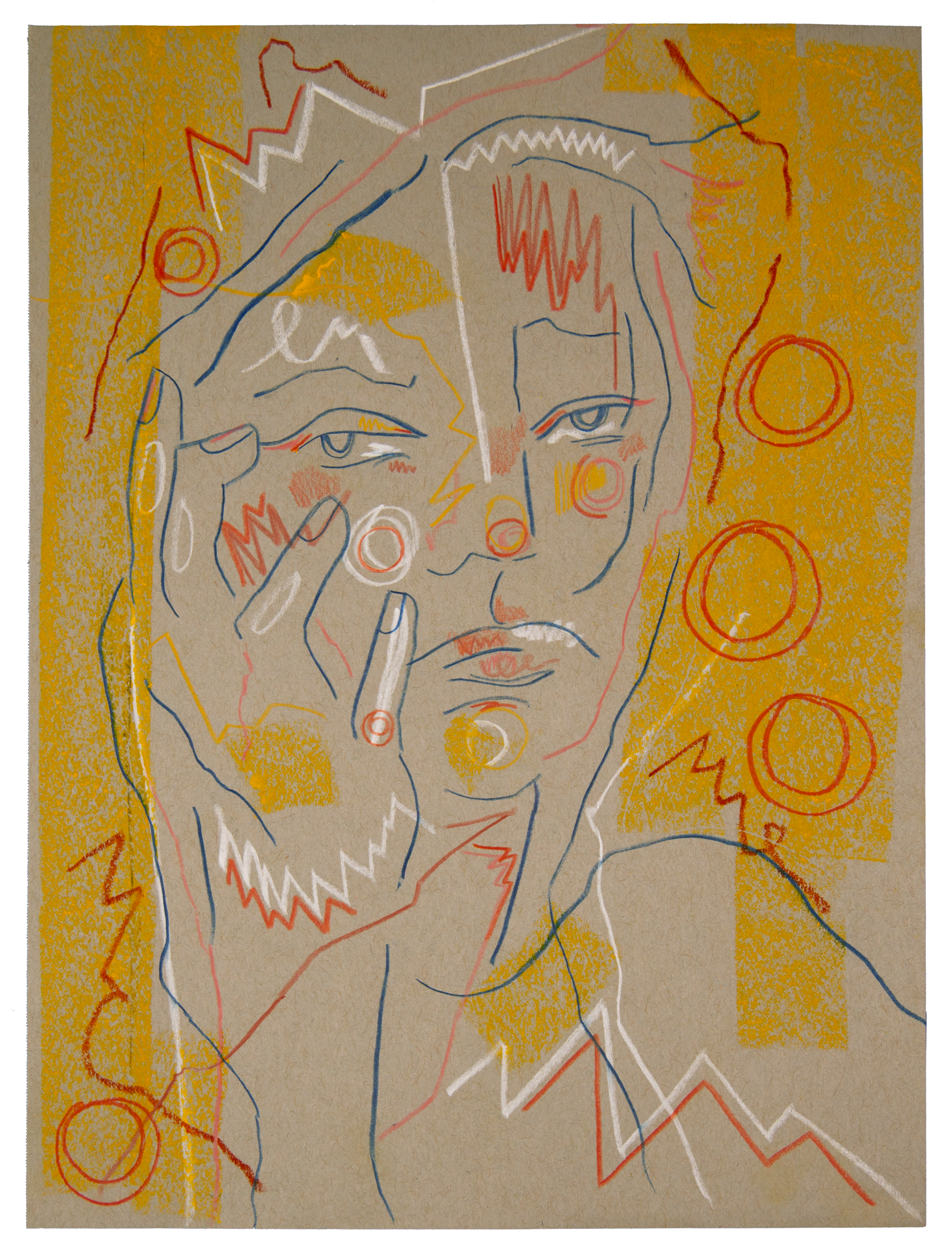 Abstract line drawing of a person touching their face with their hand, with various colorful zigzag and circle shapes surrounding them on a textured yellow background.