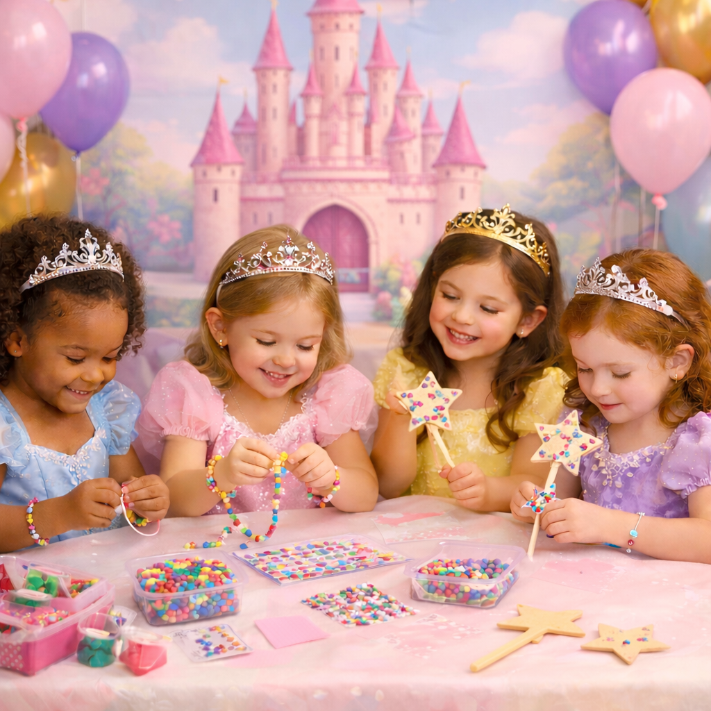 Four young girls at a birthday party, wearing princess tiaras and princess dresses, making bead jewelry with colorful beads at a table decorated with star-shaped cookies and balloons, with a pink castle backdrop.