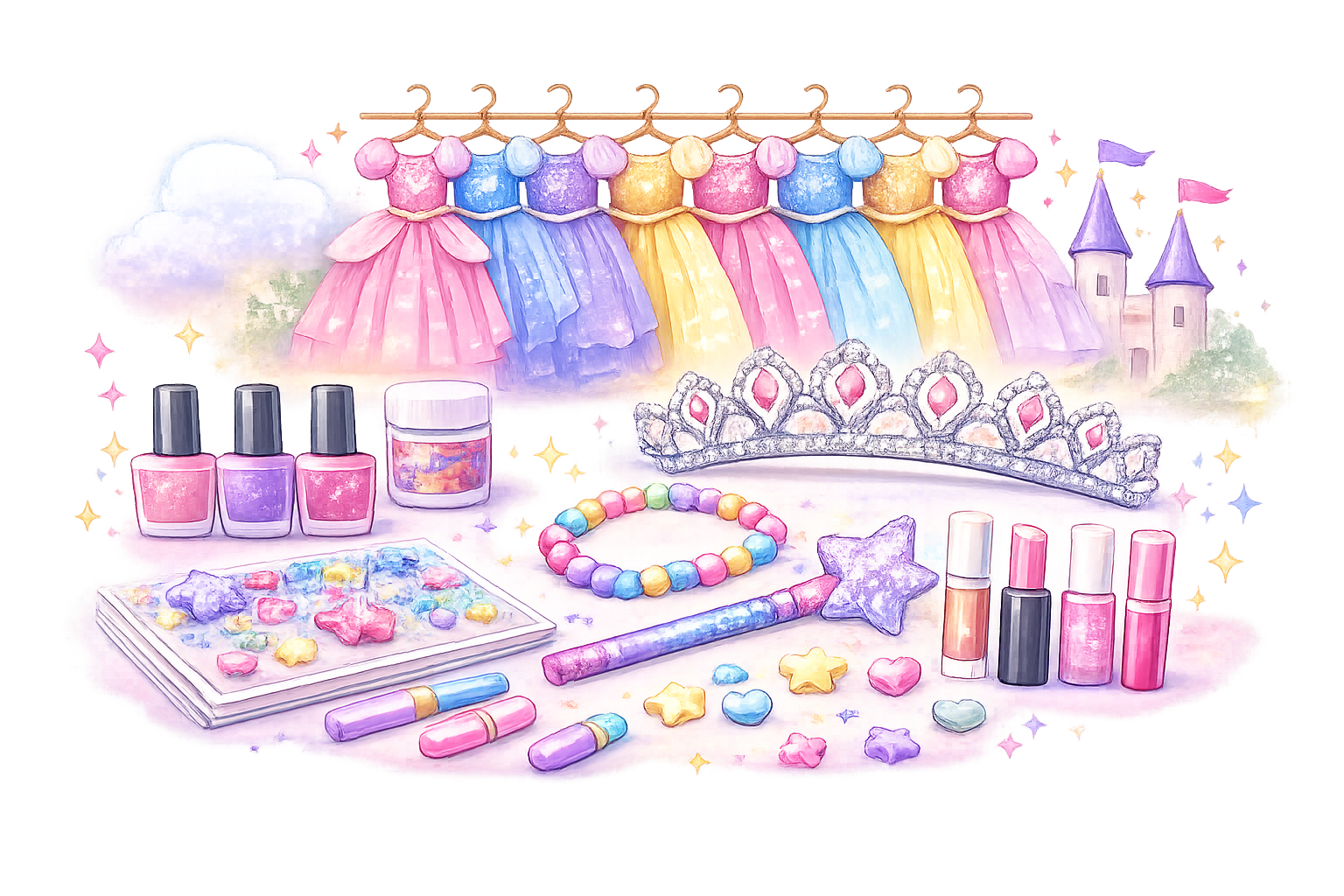 A colorful collection of princess-themed accessories and cosmetics, including nail polishes, a tiara, a necklace, makeup, and decorative items, set against a whimsical background of castles and pastel-colored dresses.