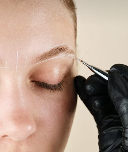 Close-up of a person receiving a cosmetic eyebrow tattooing or micropigmentation procedure, with a gloved hand holding a small tattooing tool near the eyebrow.