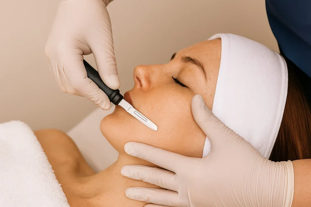 A woman receiving a cosmetic treatment on her lips with a specialized pen tool while lying down with eyes closed, wearing a white headband and a white towel around her shoulders, in a clinical setting.