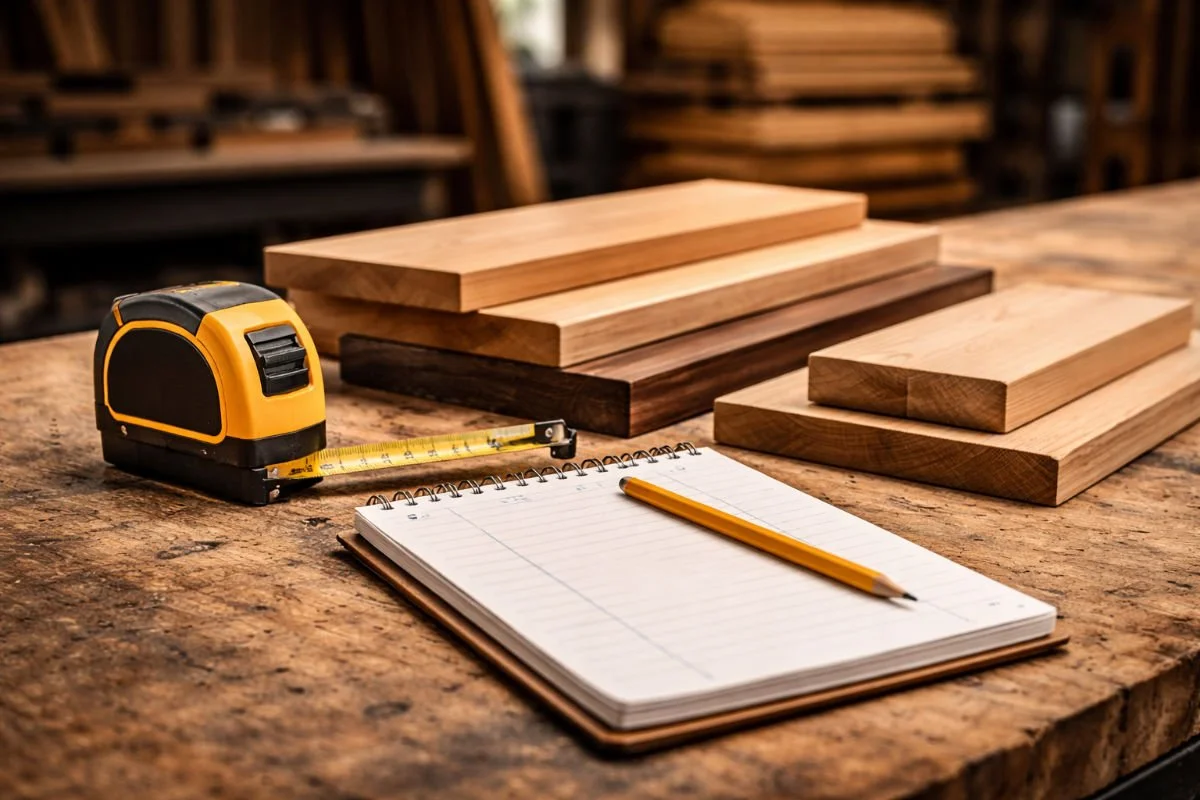 A woodworking workshop setup with a tape measure, a notepad with a pencil, and several pieces of cut wood on a workbench.