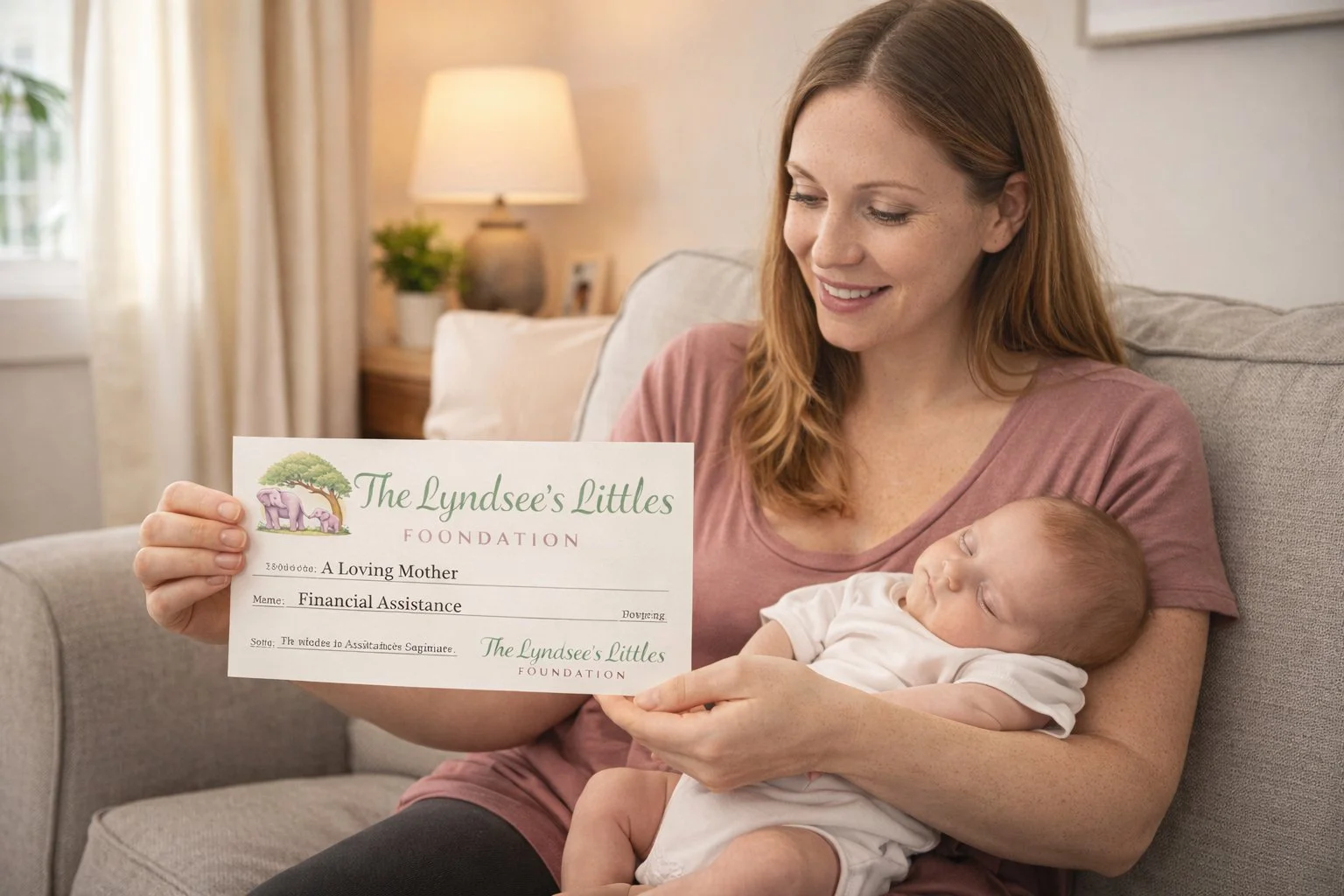 A woman holding a sleeping baby on her lap while showing a donation check from The Lyndsee's Littles Foundation.