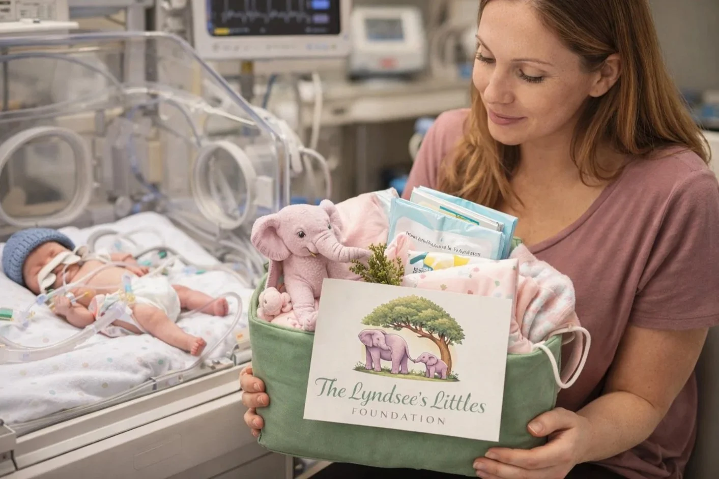 A woman in a hospital room holding a basket with baby care items and a stuffed elephant, next to a newborn in an incubator.