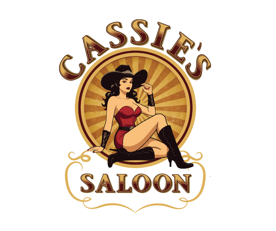 Vintage-style logo for 'Cassie's Saloon' featuring a cartoon woman in a red corset, black hat, and knee-high boots, sitting confidently with a sunburst background.