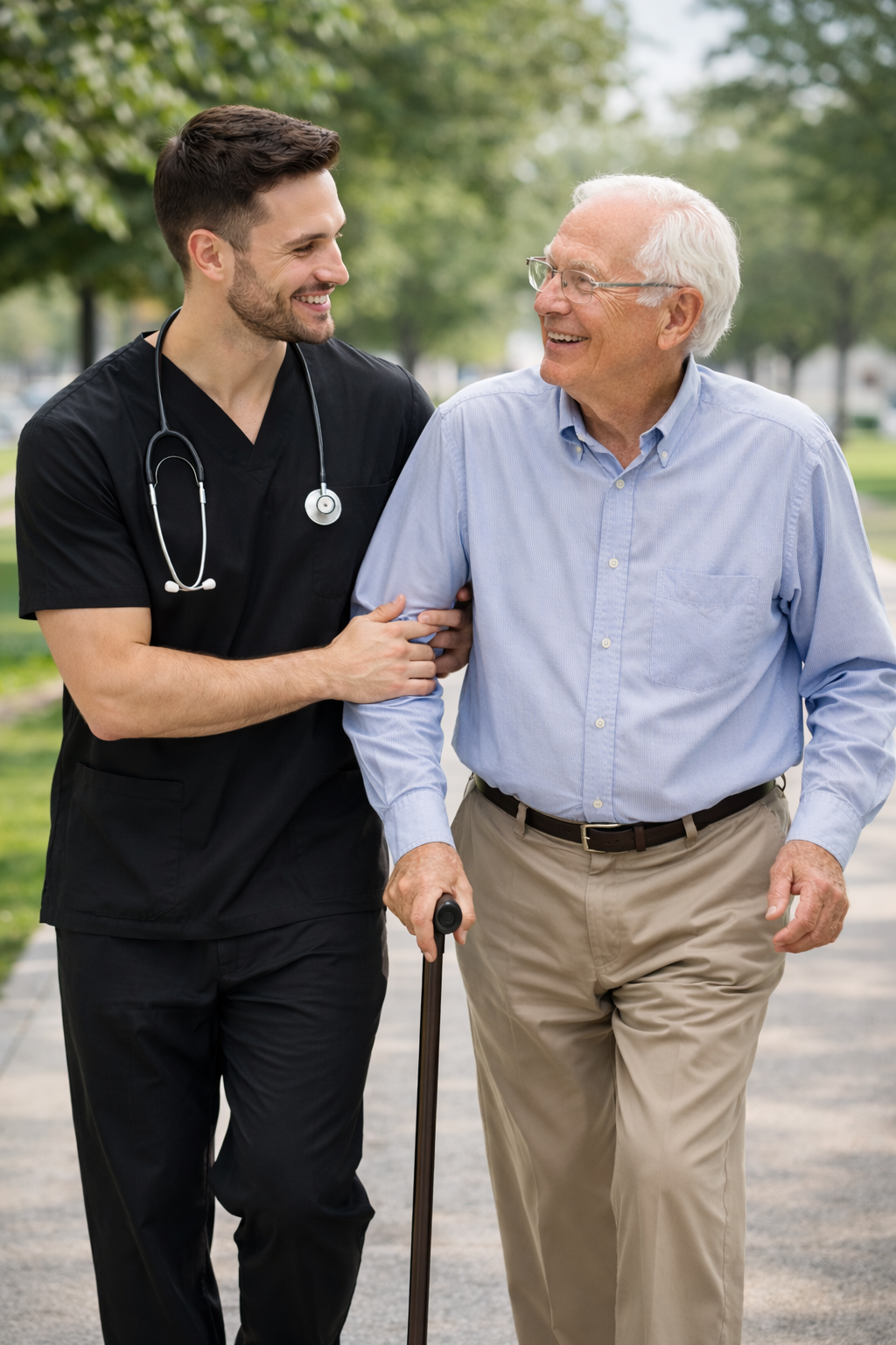 A young male healthcare worker in black scrubs with a stethoscope around his neck assisting an elderly man with white hair and glasses, who is using a cane, in walking outdoors on a park path.