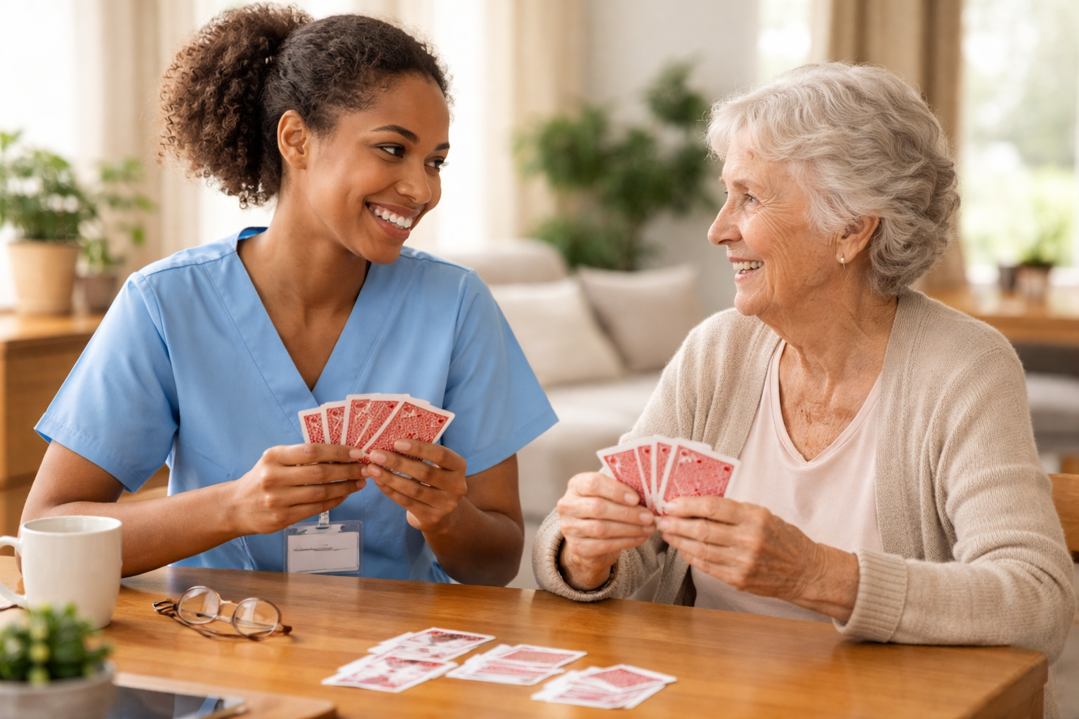 A young woman in medical scrubs and an elderly woman sit at a wooden table, smiling and playing a card game of rummy, holding red-backed playing cards. The scene is bright with natural light, with potted plants and a cozy living room background.