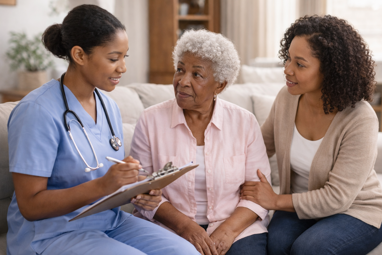 A healthcare professional, an elderly woman, and another woman sit together on a couch in a living room. The healthcare professional is holding a clipboard and taking notes, while the elderly woman looks at her and the other woman is touching the elderly woman's arm, engaging in a conversation.