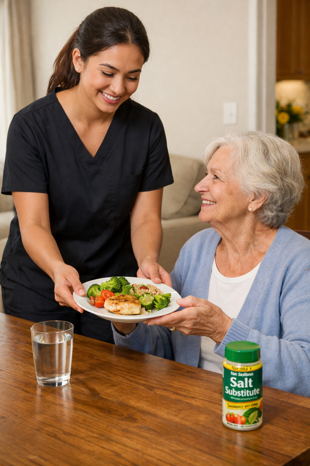 A young woman in a black medical uniform is handing a plate of food to an elderly woman sitting at a wooden table. The plate has a salad and a piece of grilled chicken. There is a glass of water and a container of salt substitute on the table, and the background shows a cozy home setting.