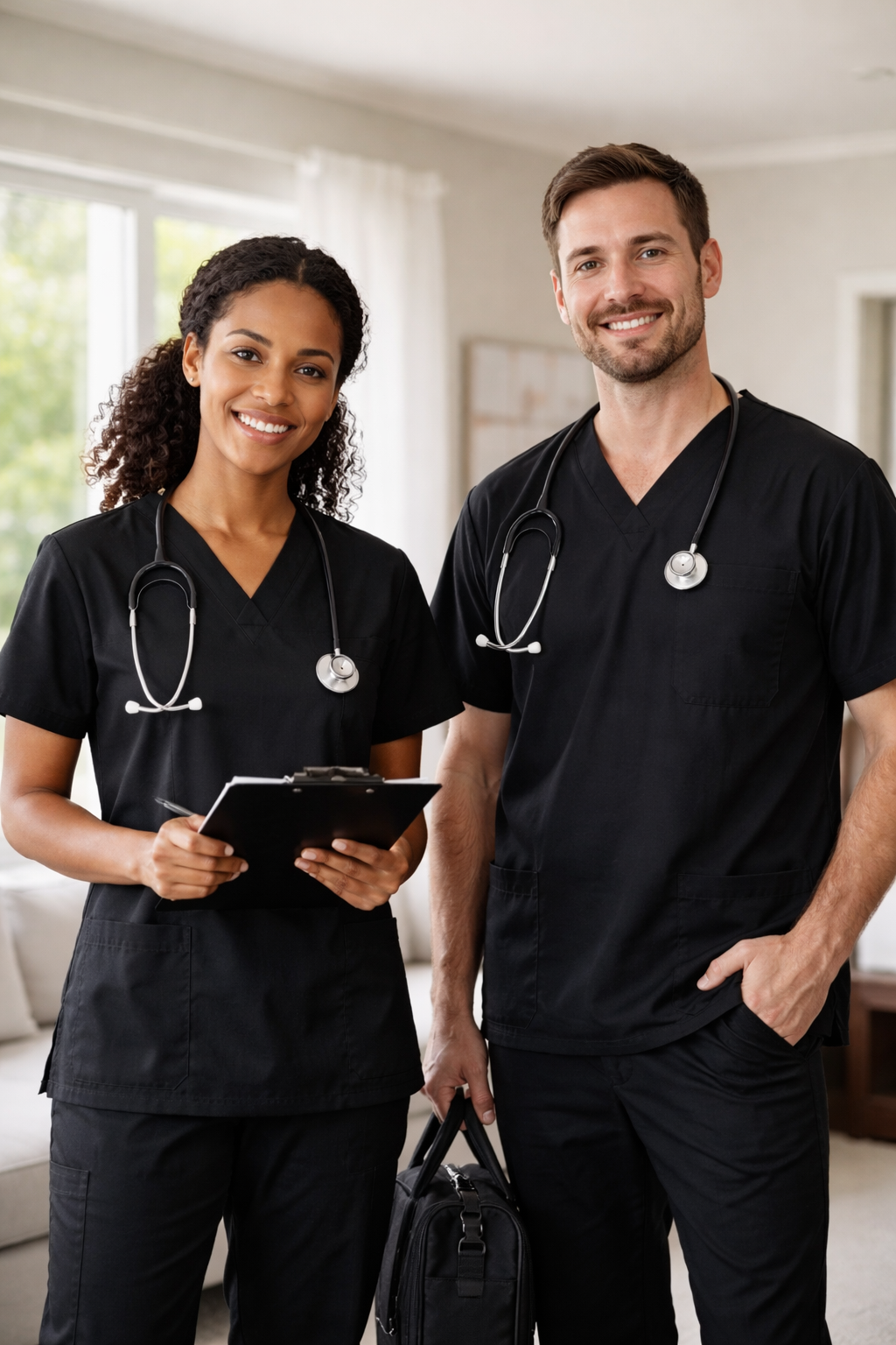Two female and male medical professionals in black scrubs with stethoscopes smiling at the camera indoors.