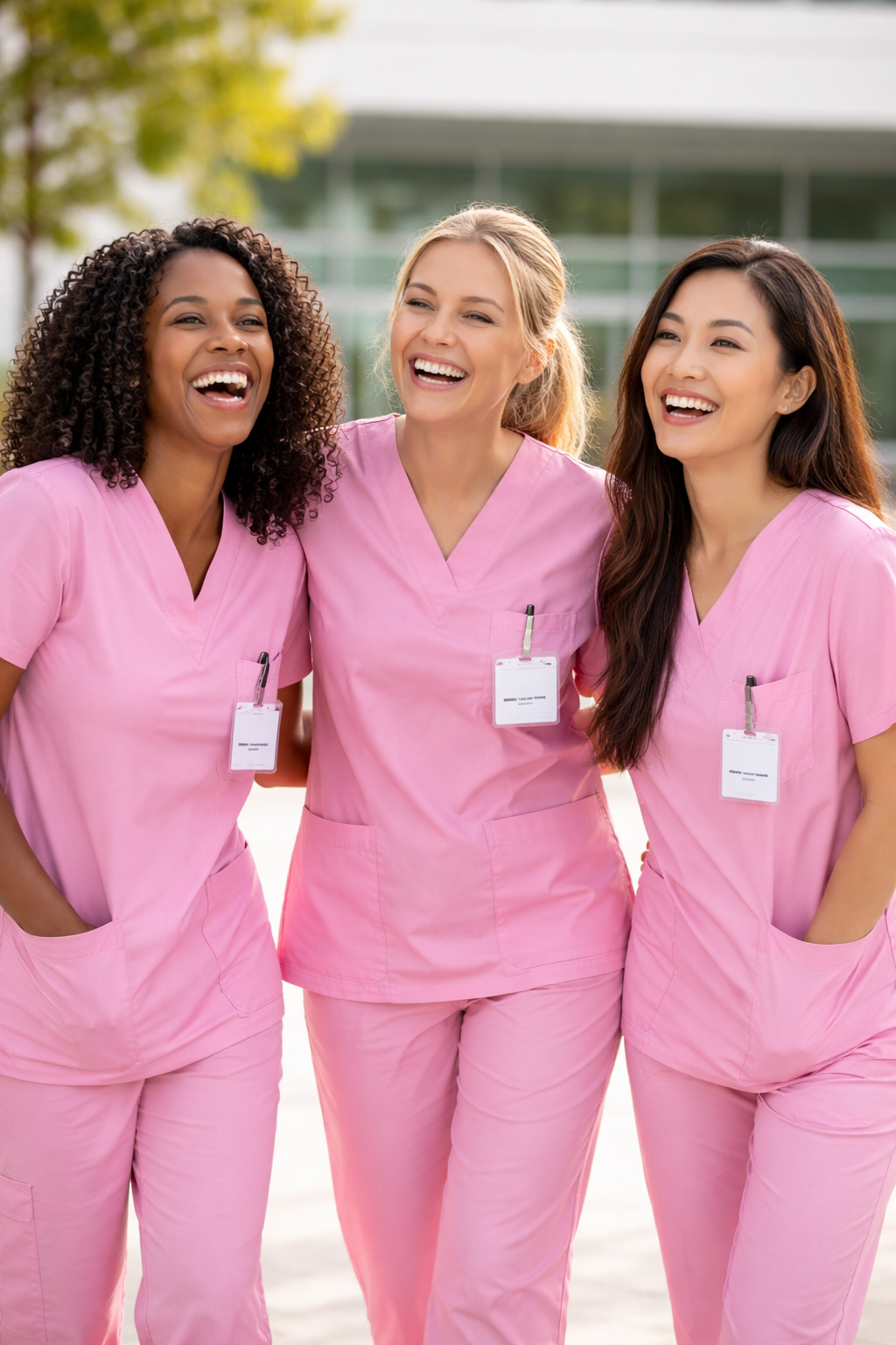 Three women in pink medical scrubs smiling and laughing outdoors.