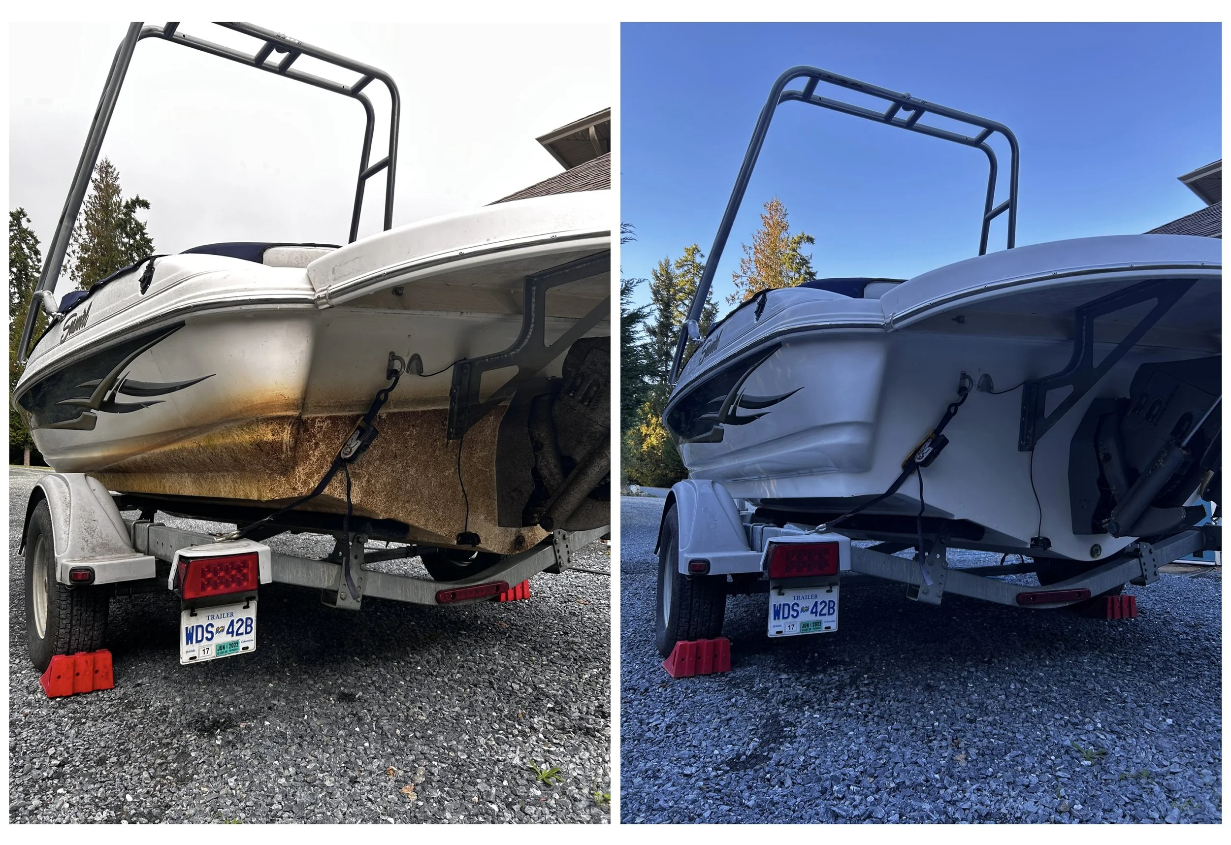 Comparison of two boats on trailers: the left boat is dirty and rusty at the bottom, the right boat is clean and freshly painted; both are parked on gravel with trees and buildings in the background.