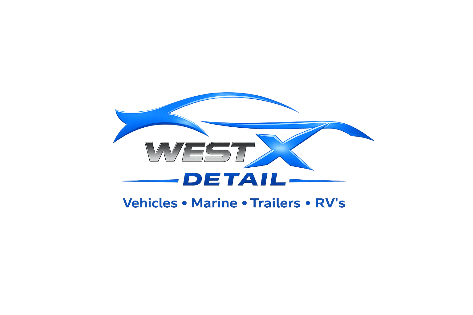 Sign for West X Detail, an auto detailing business, with a blue race car graphic, listing services like vehicles, marine, trailers, and RVs.