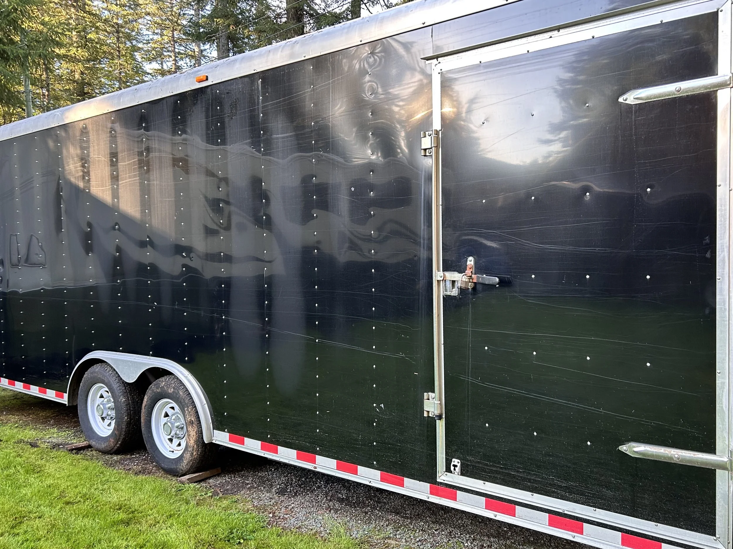 Black enclosed trailer with dual wheels, parked on grass, with a closed side door and latch, reflecting the surrounding trees and sky.