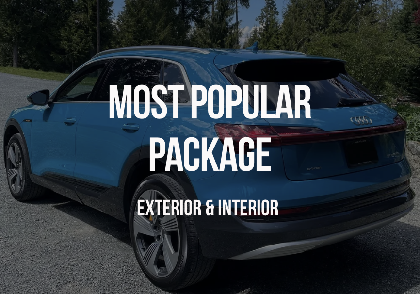 Blue Audi SUV parked outdoors on gravel with trees in the background, and overlay text reading 'Most Popular Package Exterior & Interior'.