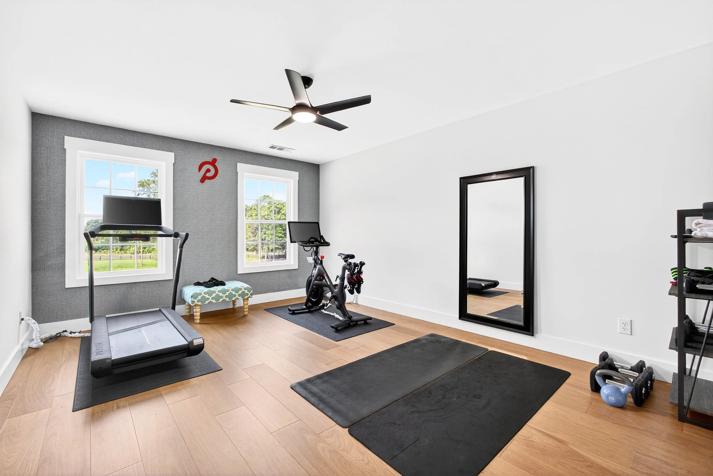 A bright home gym with a treadmill, exercise bike, and various workout mats. Two windows with white frames let in natural light, and a ceiling fan with lights is mounted on the ceiling. There is a mirror and some small weight equipment on a shelf.